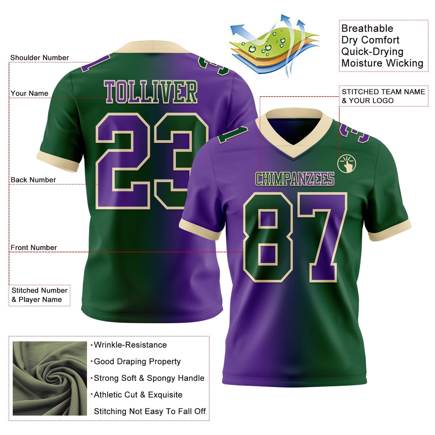 Custom Green Purple-Cream Mesh Authentic Gradient Fashion Football Jersey - Sky-Custom