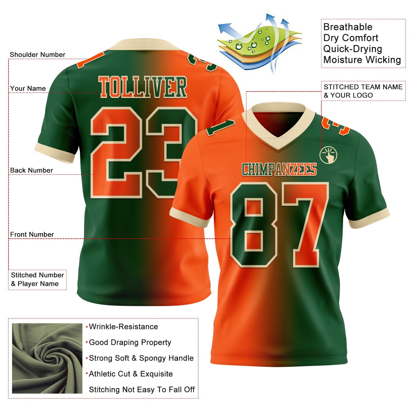 Custom Green Orange-Cream Mesh Authentic Gradient Fashion Football Jersey - Sky-Custom