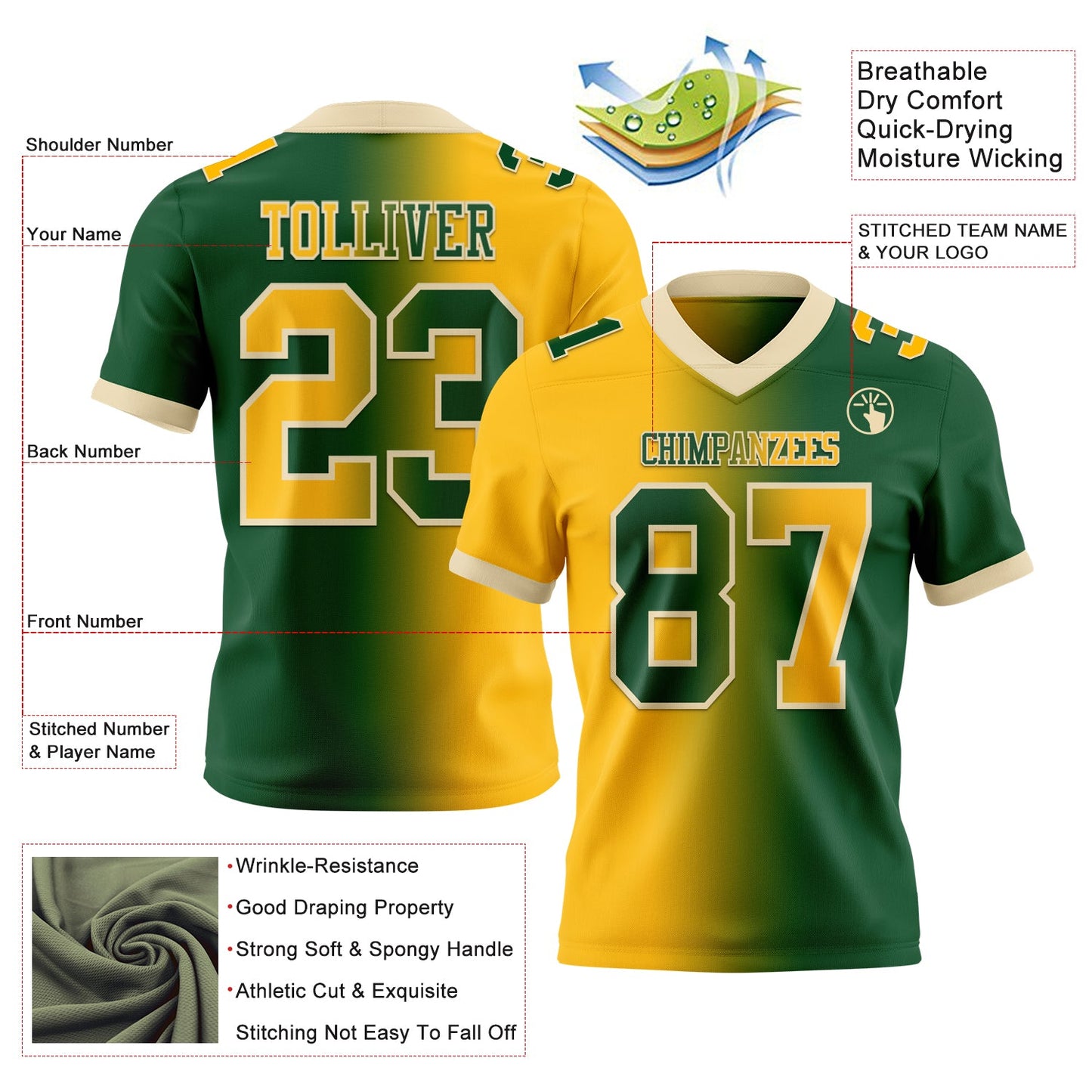 Custom Green Gold-Cream Mesh Authentic Gradient Fashion Football Jersey - Sky-Custom