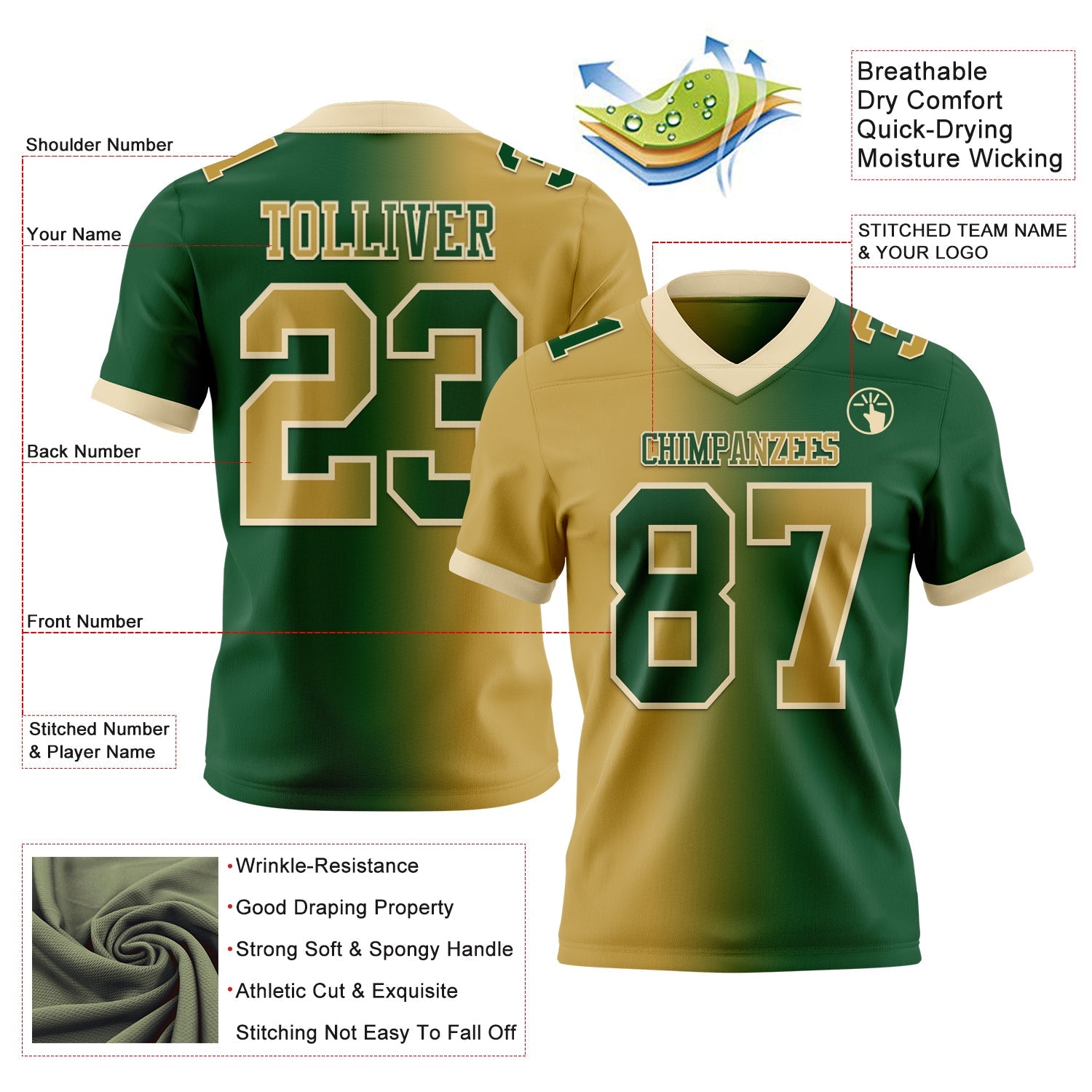 Custom Green Old Gold-Cream Mesh Authentic Gradient Fashion Football Jersey - Sky-Custom