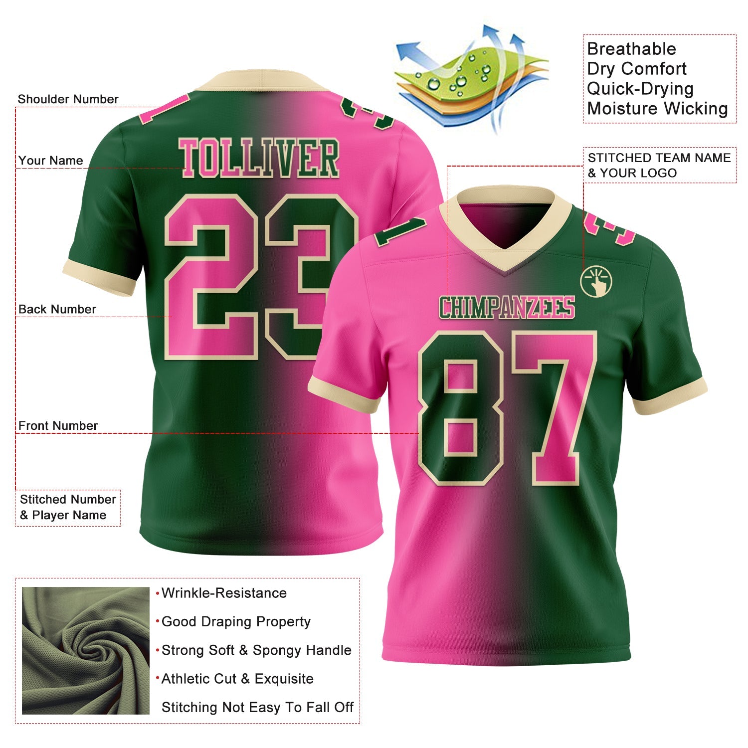 Custom Green Pink-Cream Mesh Authentic Gradient Fashion Football Jersey - Sky-Custom