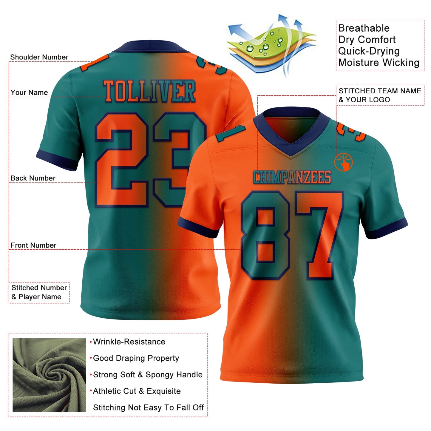Custom Teal Orange-Navy Mesh Authentic Gradient Fashion Football Jersey - Sky-Custom
