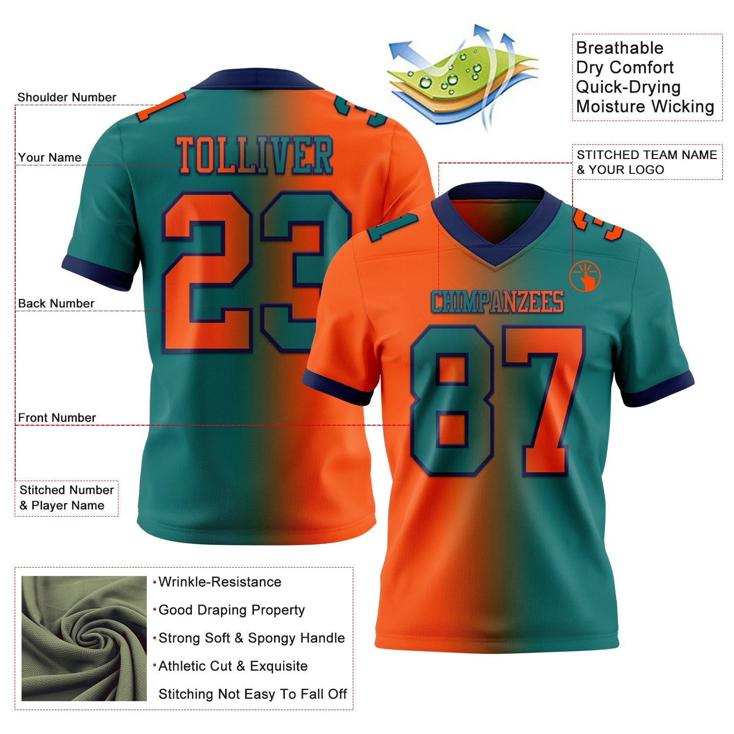 Custom Teal Orange-Navy Mesh Authentic Gradient Fashion Football Jersey - Sky-Custom