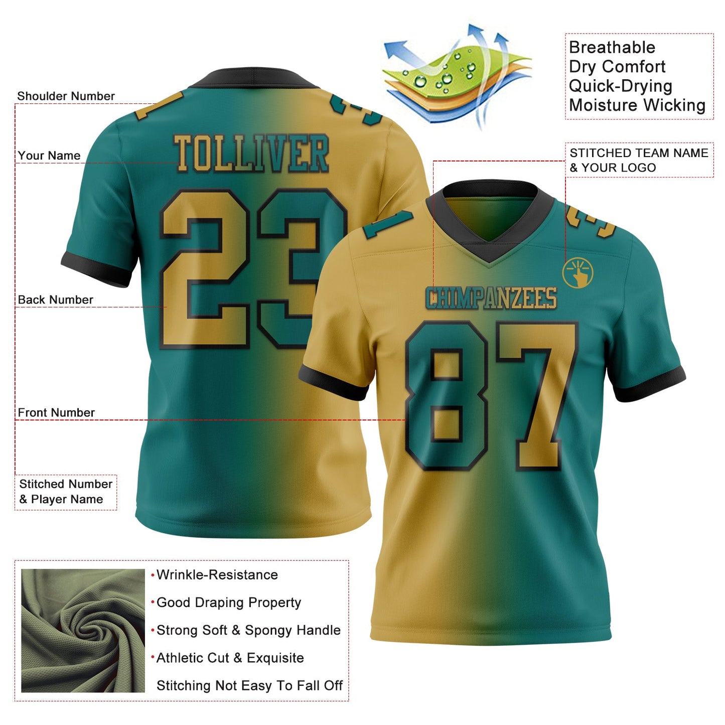 Custom Teal Old Gold-Black Mesh Authentic Gradient Fashion Football Jersey - Sky-Custom