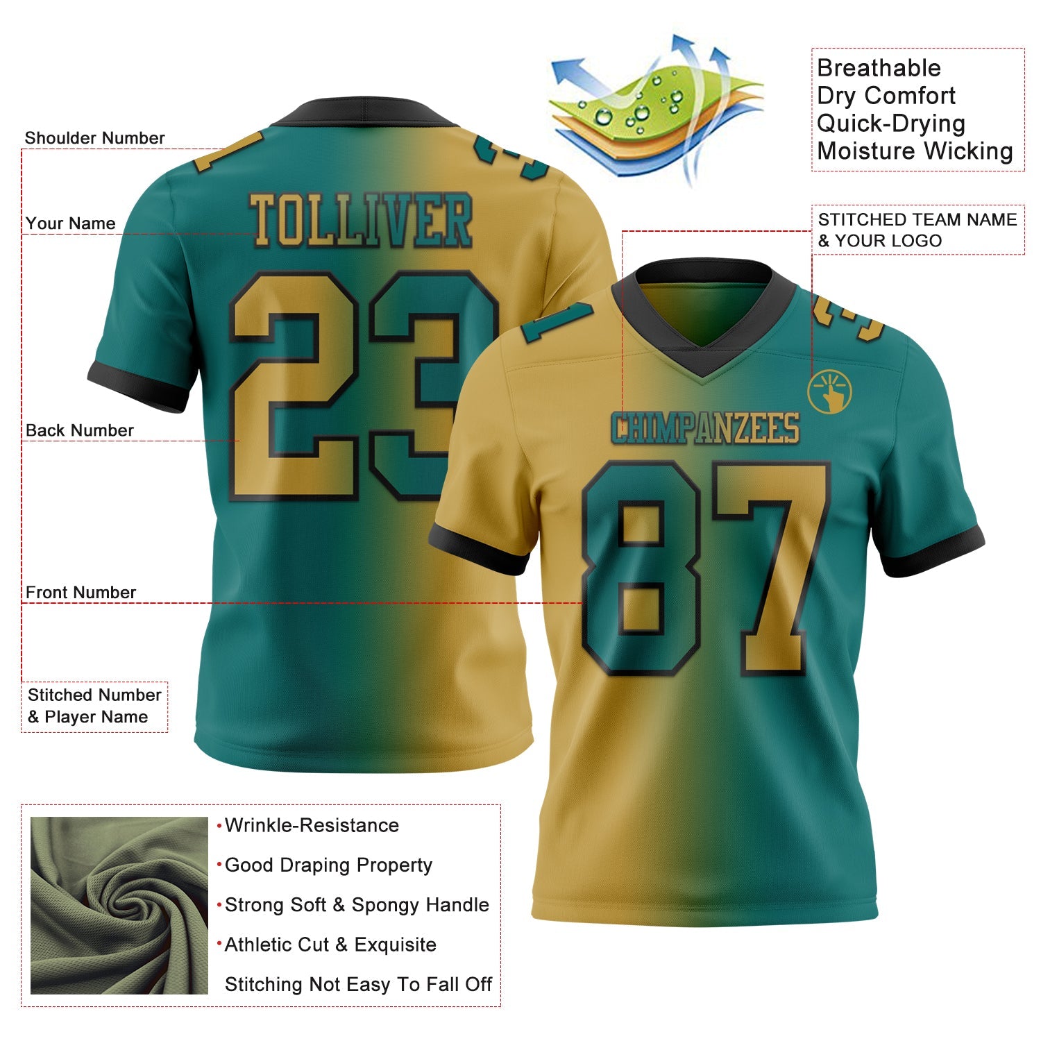 Custom Teal Old Gold-Black Mesh Authentic Gradient Fashion Football Jersey - Sky-Custom