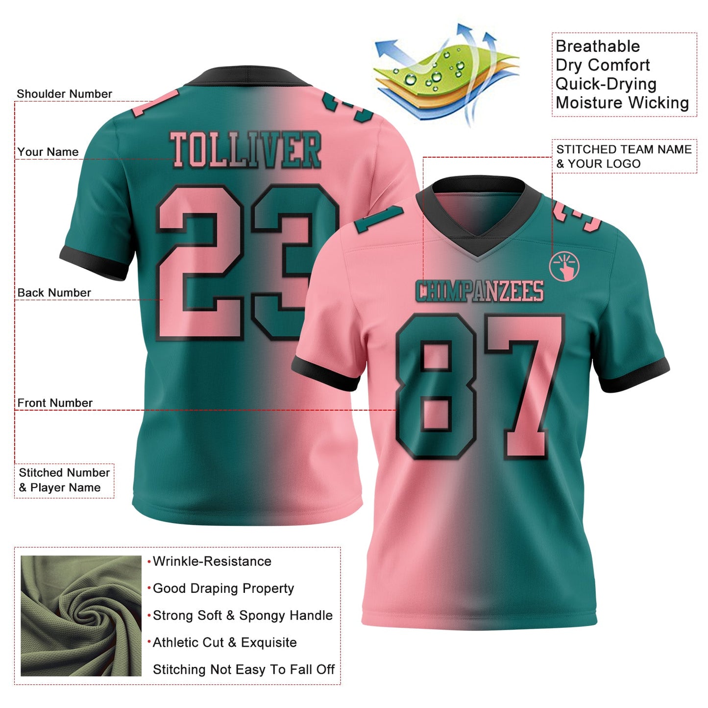 Custom Teal Medium Pink-Black Mesh Authentic Gradient Fashion Football Jersey - Sky-Custom