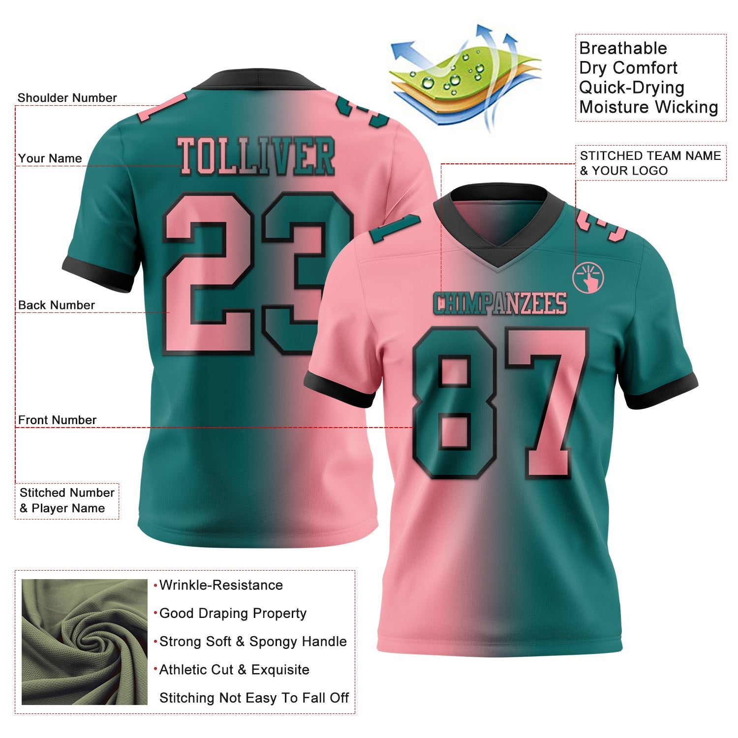 Custom Teal Medium Pink-Black Mesh Authentic Gradient Fashion Football Jersey - Sky-Custom