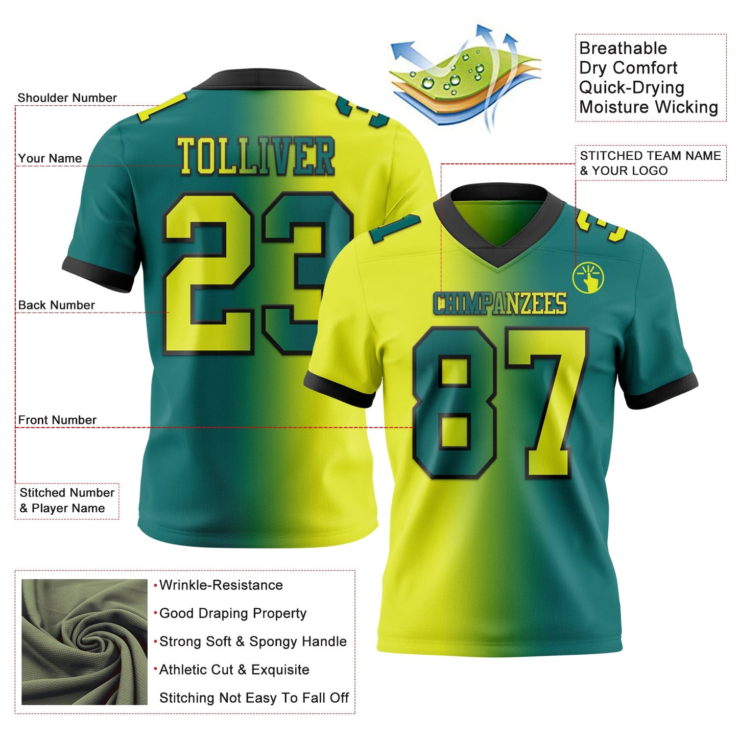 Custom Teal Neon Yellow-Black Mesh Authentic Gradient Fashion Football Jersey - Sky-Custom