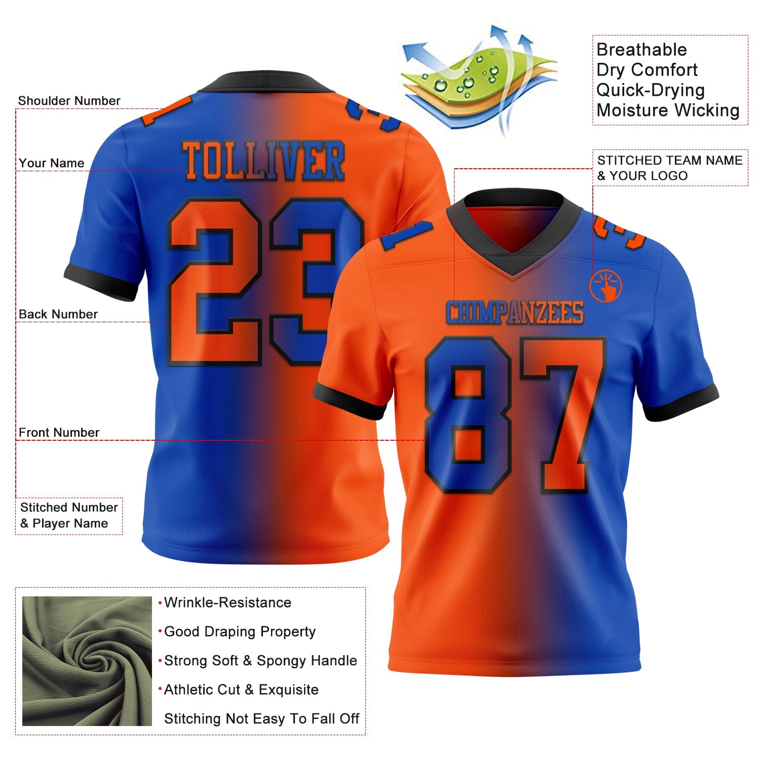 Custom Thunder Blue Orange-Black Mesh Authentic Gradient Fashion Football Jersey - Sky-Custom