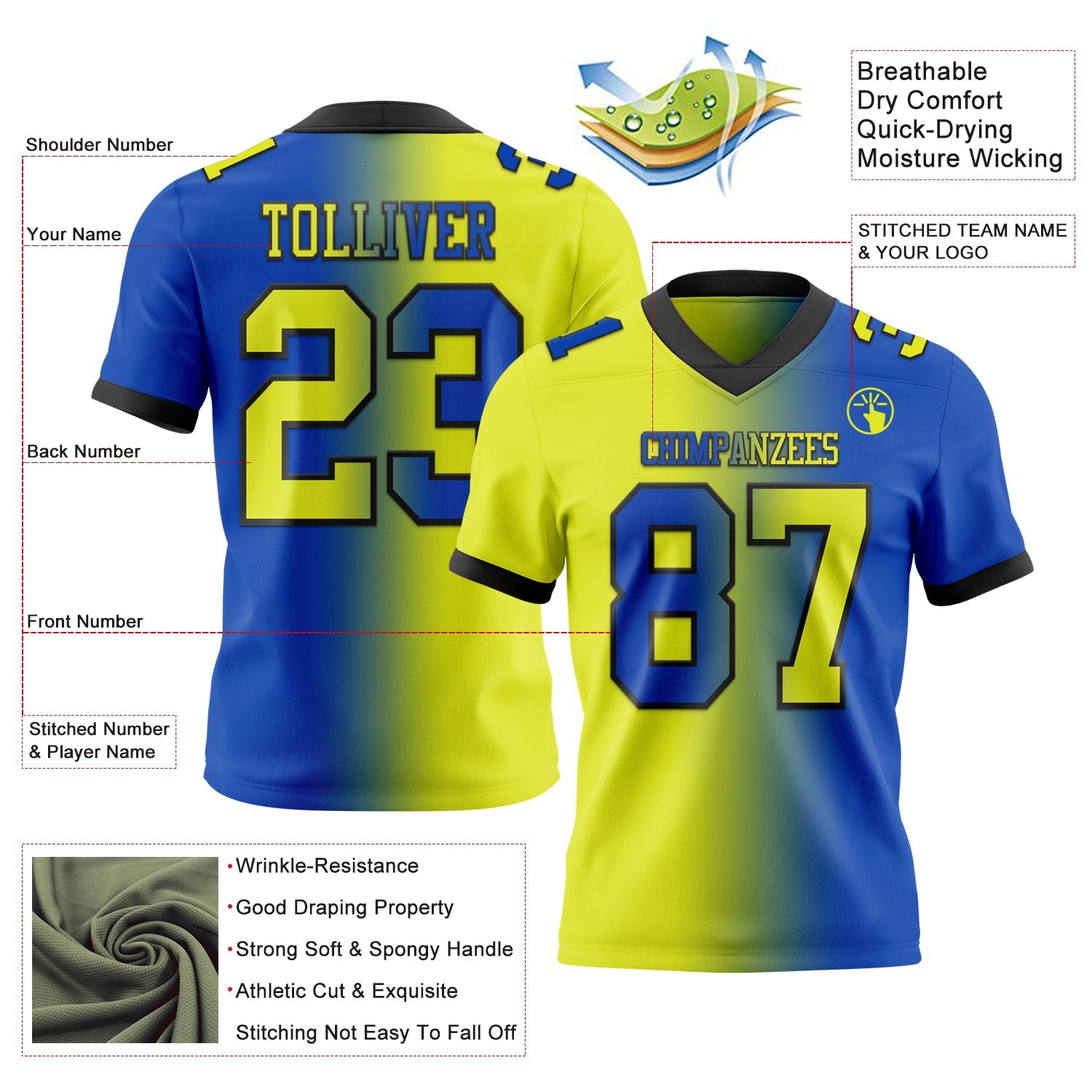 Custom Thunder Blue Neon Yellow-Black Mesh Authentic Gradient Fashion Football Jersey - Sky-Custom