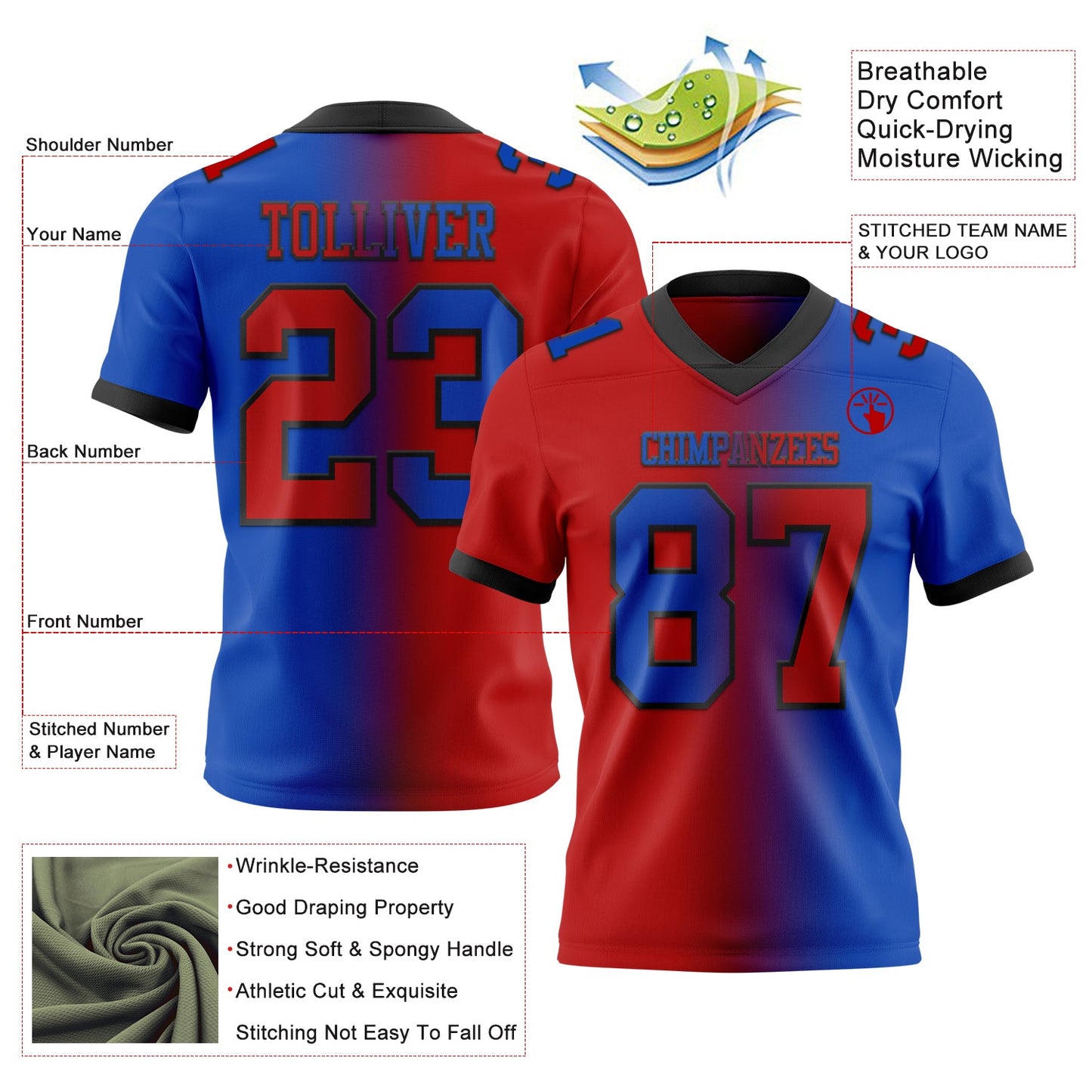Custom Thunder Blue Red-Black Mesh Authentic Gradient Fashion Football Jersey - Sky-Custom