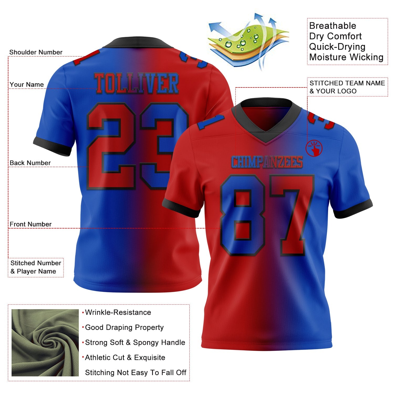 Custom Thunder Blue Red-Black Mesh Authentic Gradient Fashion Football Jersey - Sky-Custom
