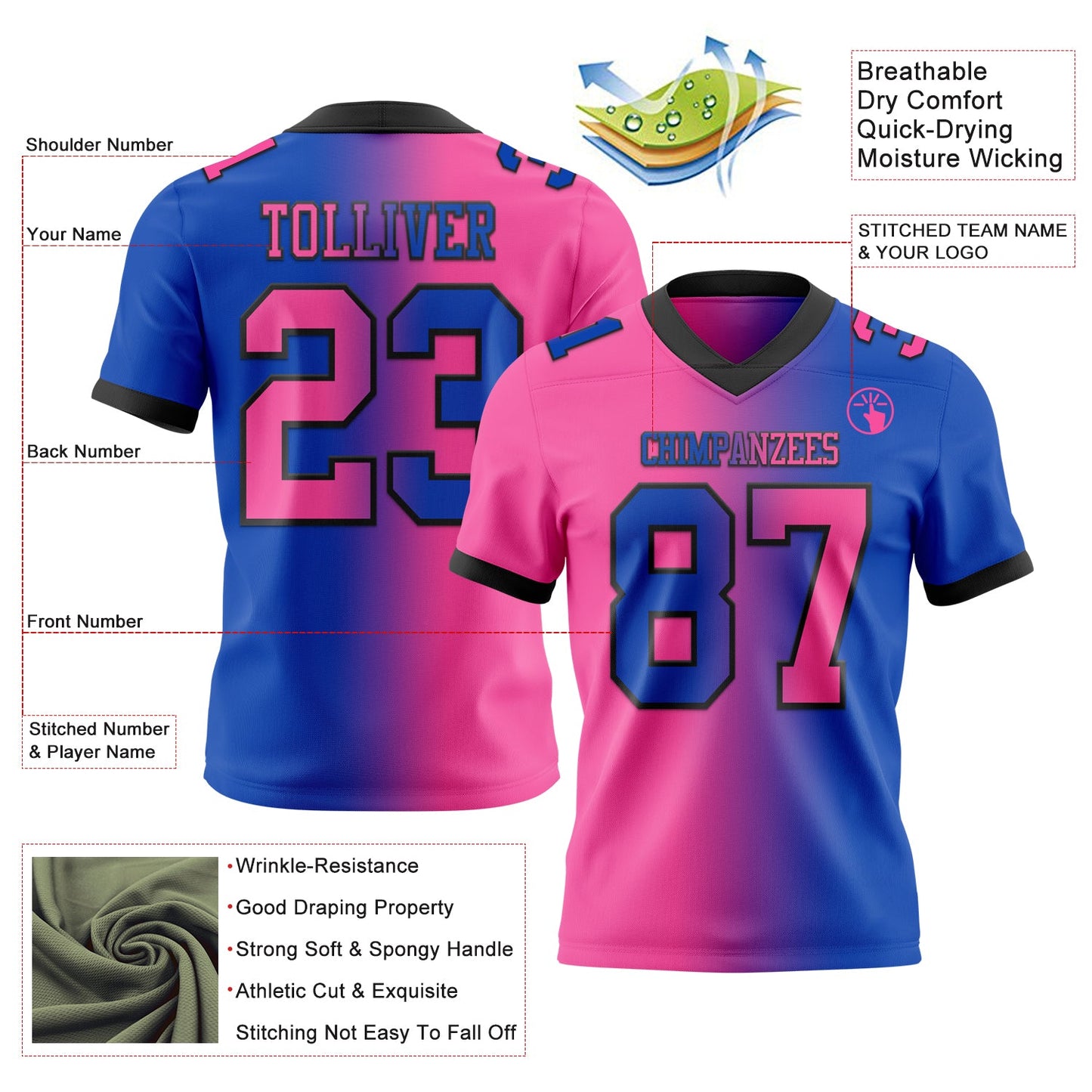 Custom Thunder Blue Pink-Black Mesh Authentic Gradient Fashion Football Jersey - Sky-Custom