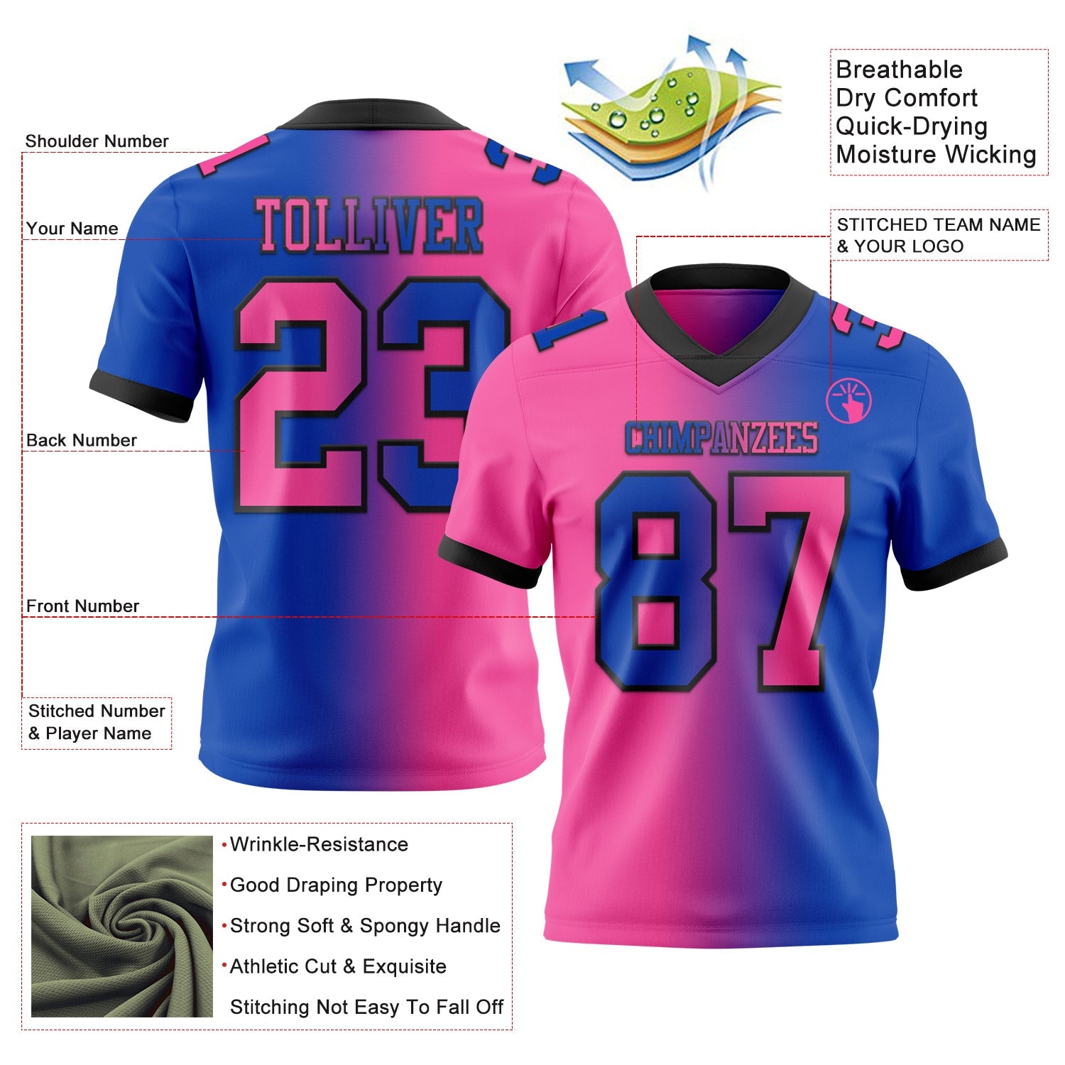 Custom Thunder Blue Pink-Black Mesh Authentic Gradient Fashion Football Jersey - Sky-Custom
