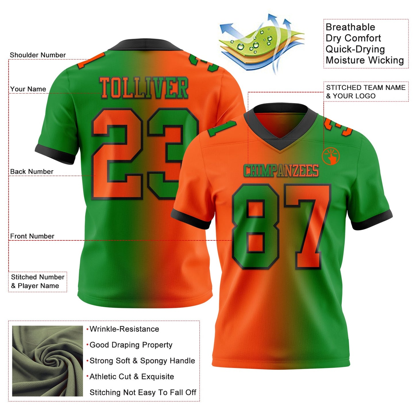 Custom Grass Green Orange-Black Mesh Authentic Gradient Fashion Football Jersey - Sky-Custom