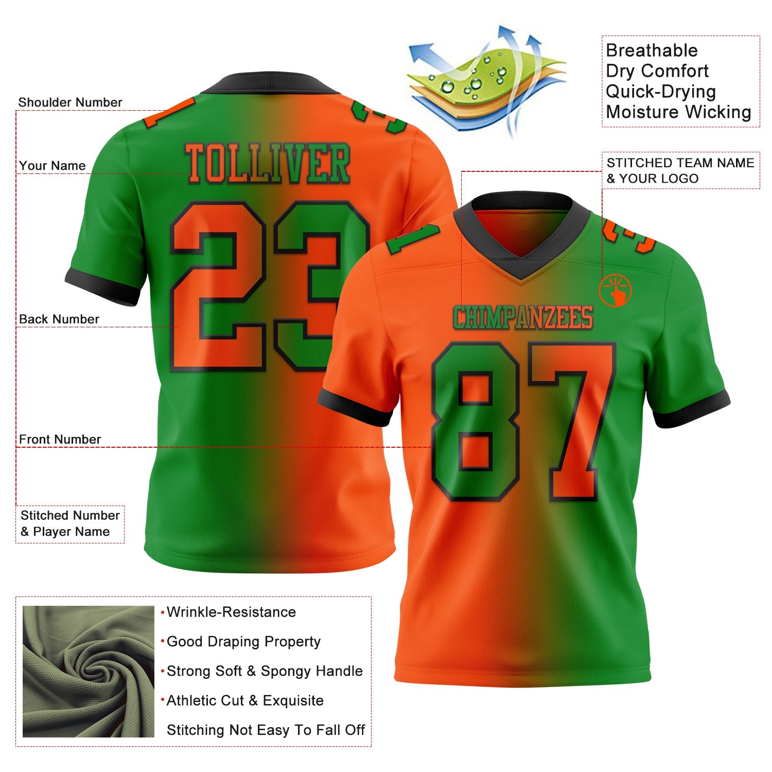 Custom Grass Green Orange-Black Mesh Authentic Gradient Fashion Football Jersey - Sky-Custom