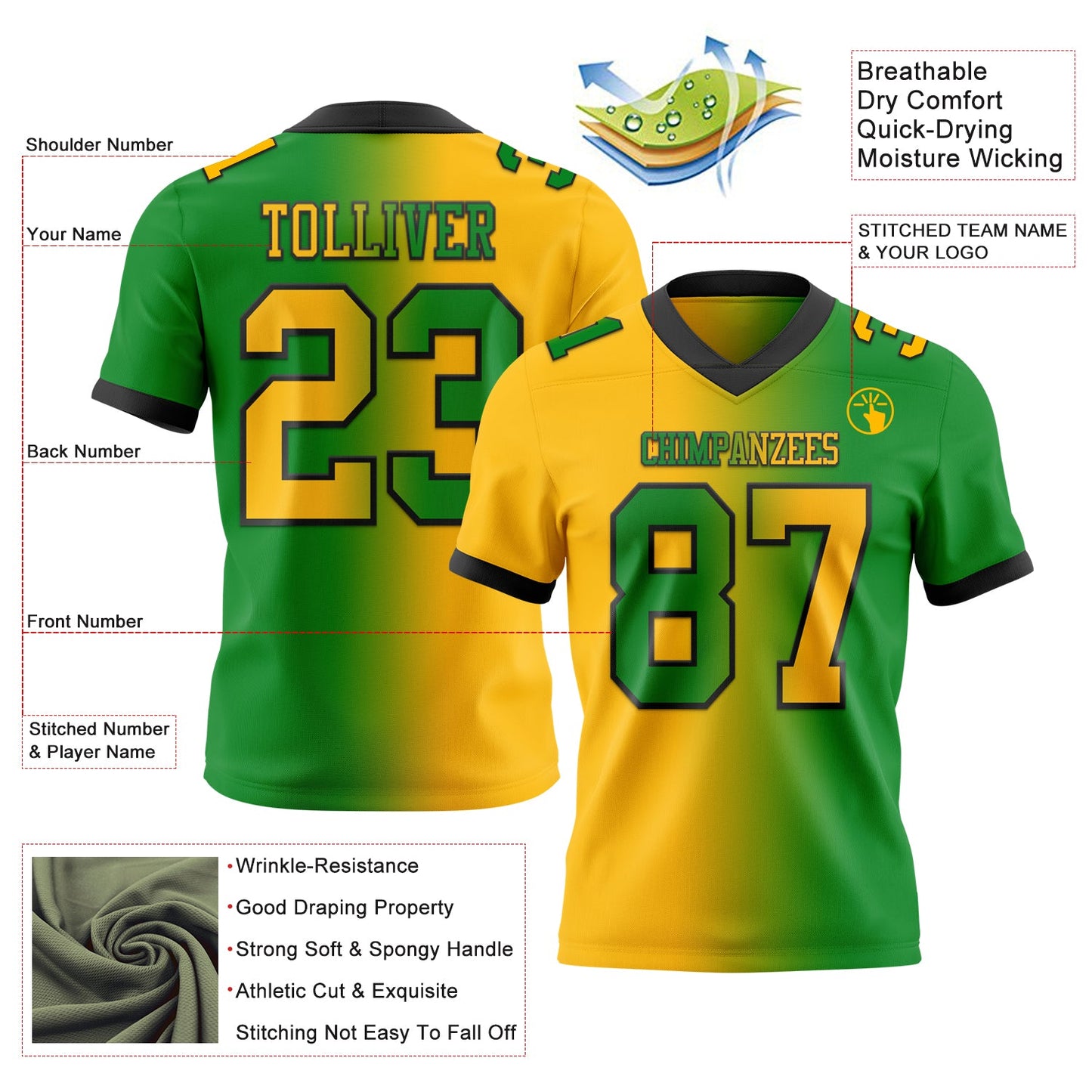 Custom Grass Green Gold-Black Mesh Authentic Gradient Fashion Football Jersey - Sky-Custom
