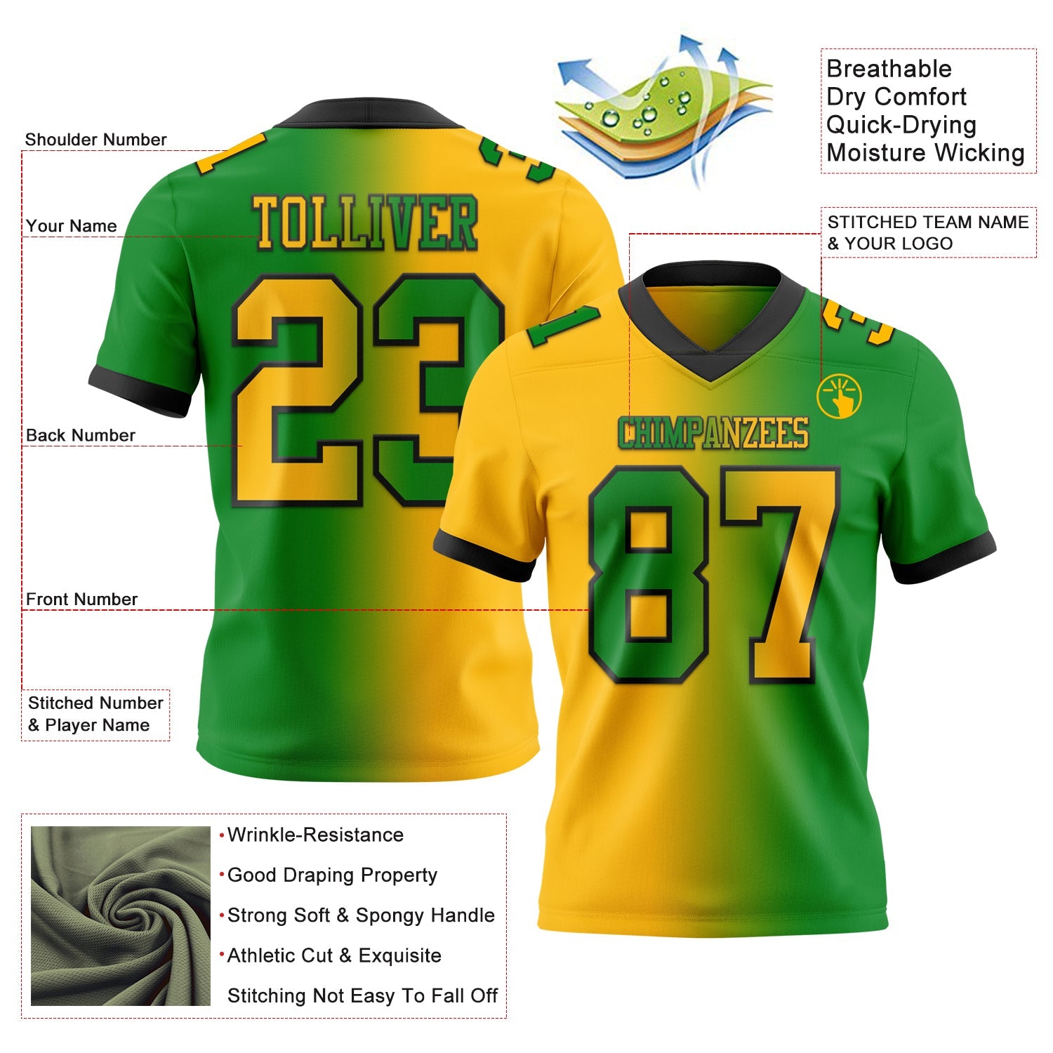 Custom Grass Green Gold-Black Mesh Authentic Gradient Fashion Football Jersey - Sky-Custom
