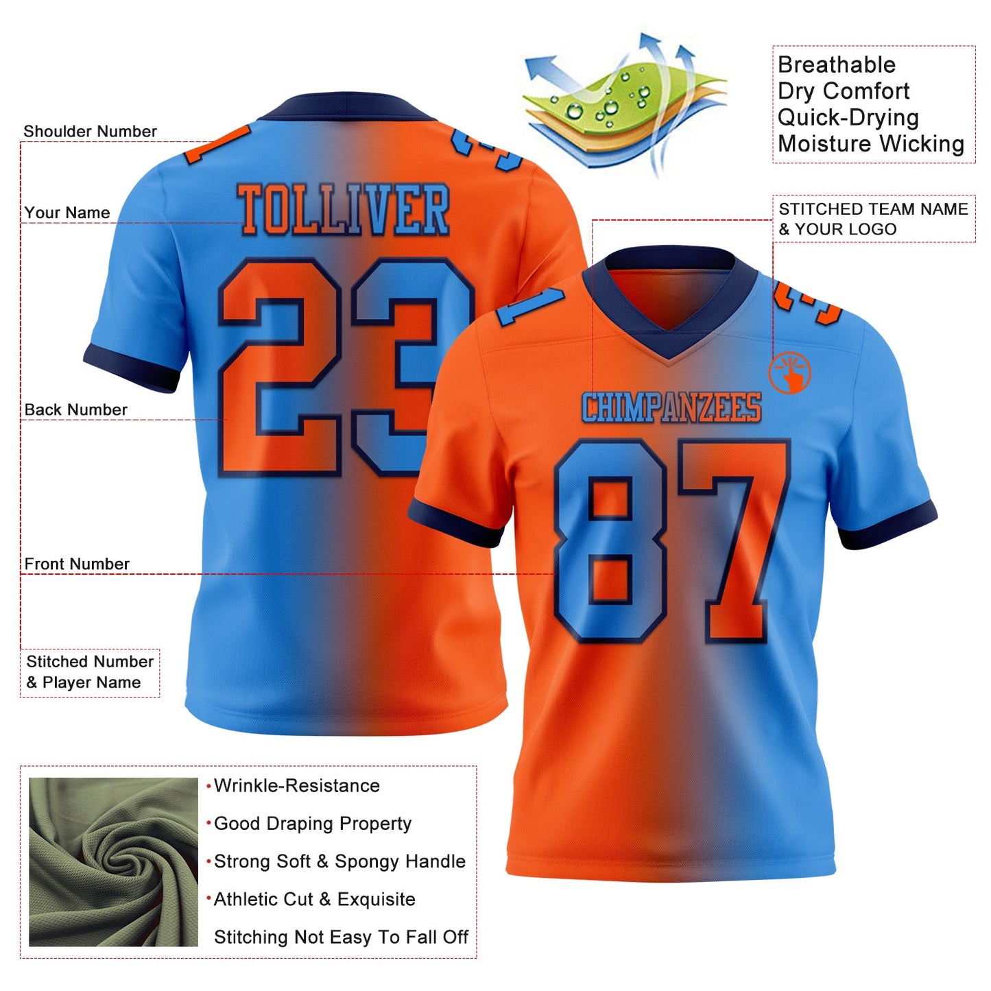 Custom Powder Blue Orange-Navy Mesh Authentic Gradient Fashion Football Jersey - Sky-Custom