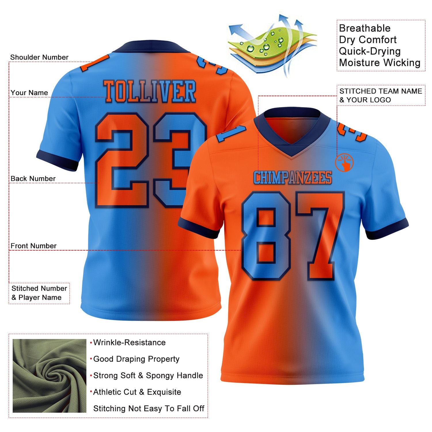 Custom Powder Blue Orange-Navy Mesh Authentic Gradient Fashion Football Jersey - Sky-Custom