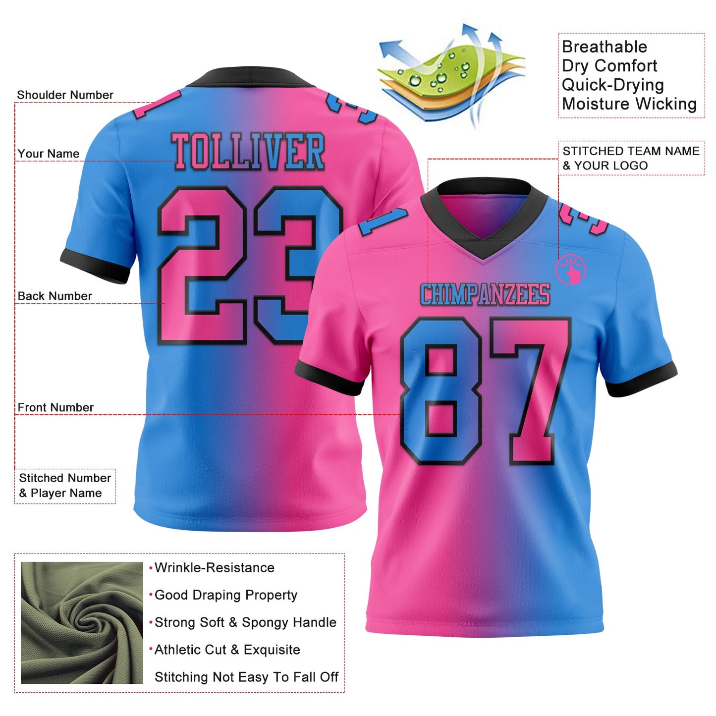 Custom Powder Blue Pink-Black Mesh Authentic Gradient Fashion Football Jersey - Sky-Custom