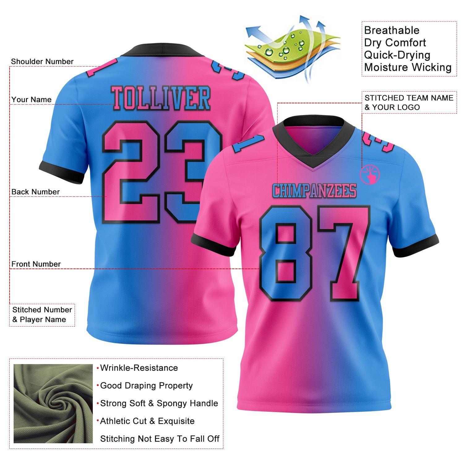 Custom Powder Blue Pink-Black Mesh Authentic Gradient Fashion Football Jersey - Sky-Custom
