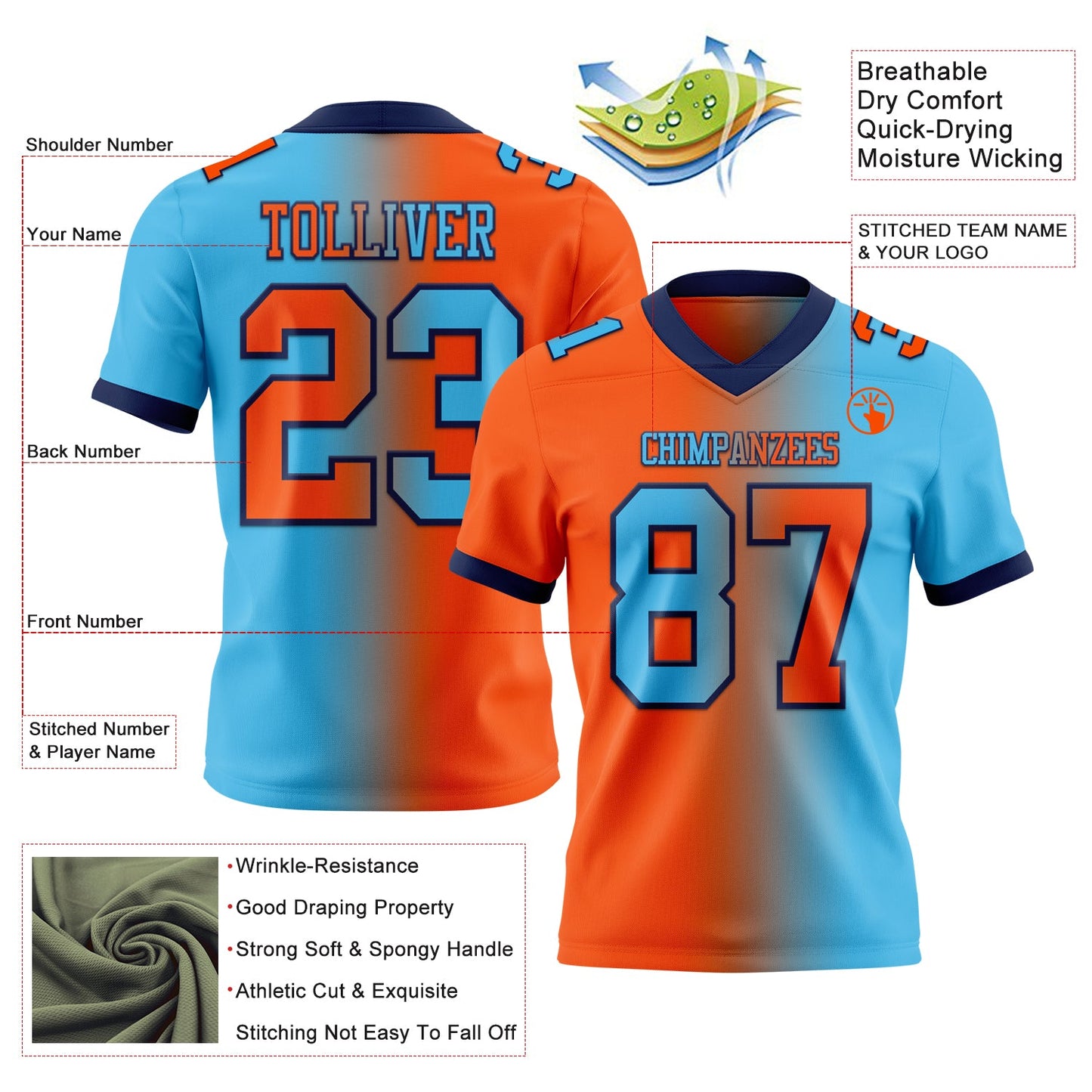 Custom Sky Blue Orange-Navy Mesh Authentic Gradient Fashion Football Jersey - Sky-Custom