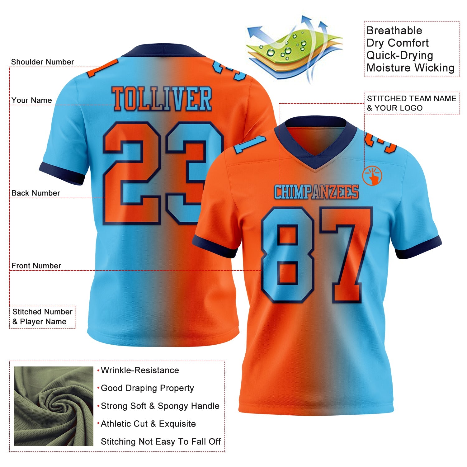 Custom Sky Blue Orange-Navy Mesh Authentic Gradient Fashion Football Jersey - Sky-Custom