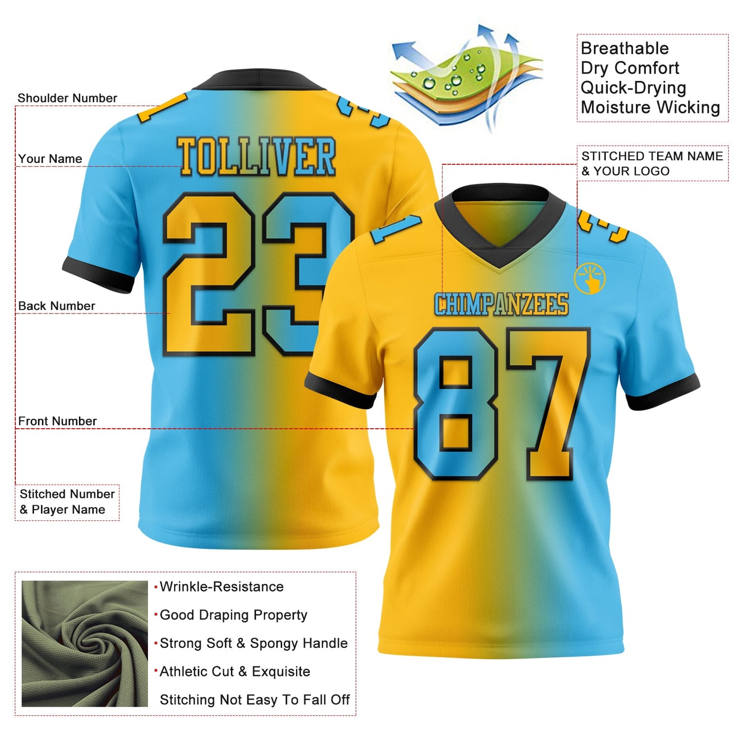Custom Sky Blue Gold-Black Mesh Authentic Gradient Fashion Football Jersey - Sky-Custom