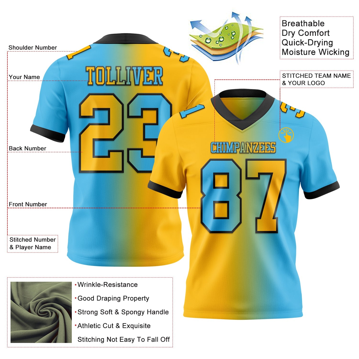 Custom Sky Blue Gold-Black Mesh Authentic Gradient Fashion Football Jersey - Sky-Custom