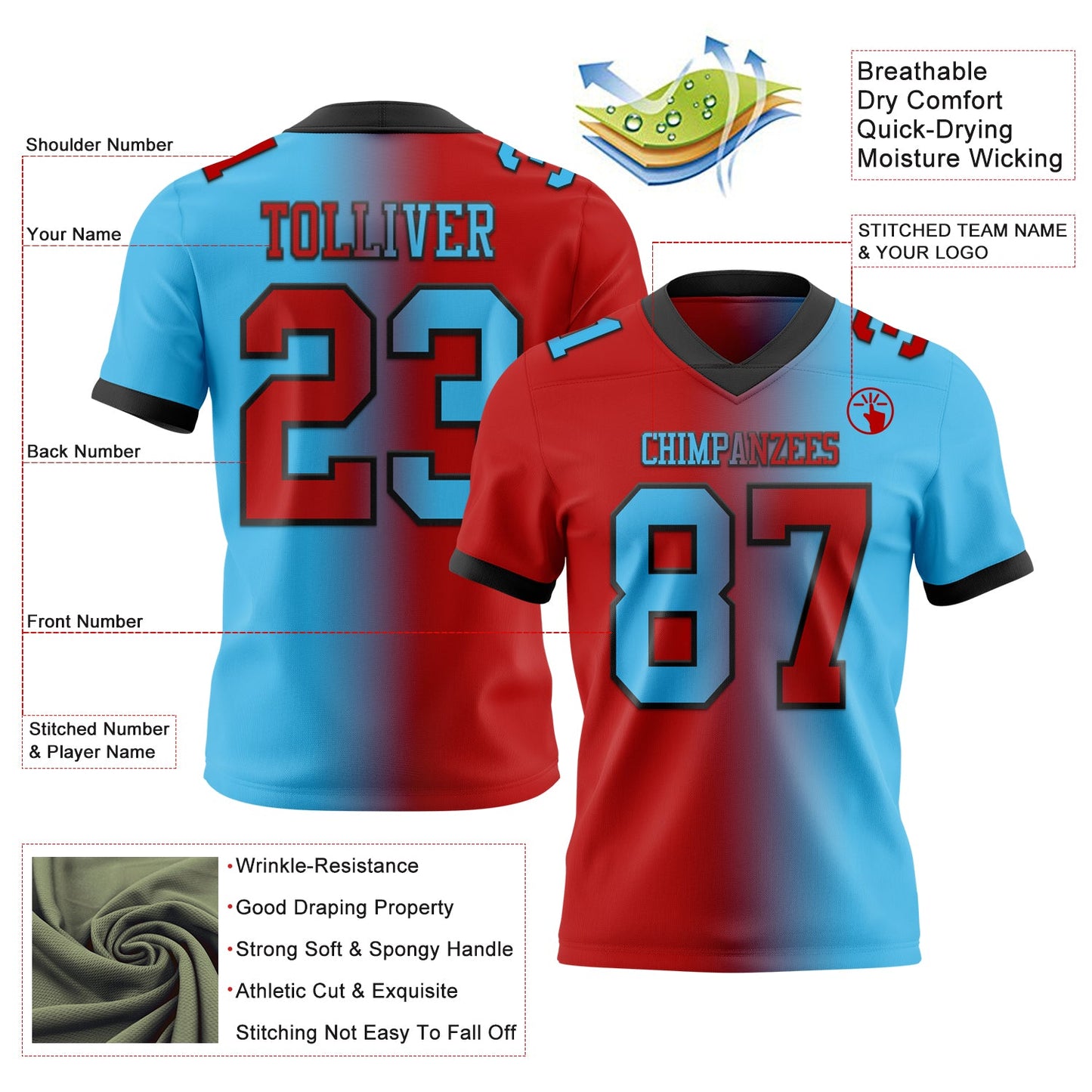 Custom Sky Blue Red-Black Mesh Authentic Gradient Fashion Football Jersey - Sky-Custom