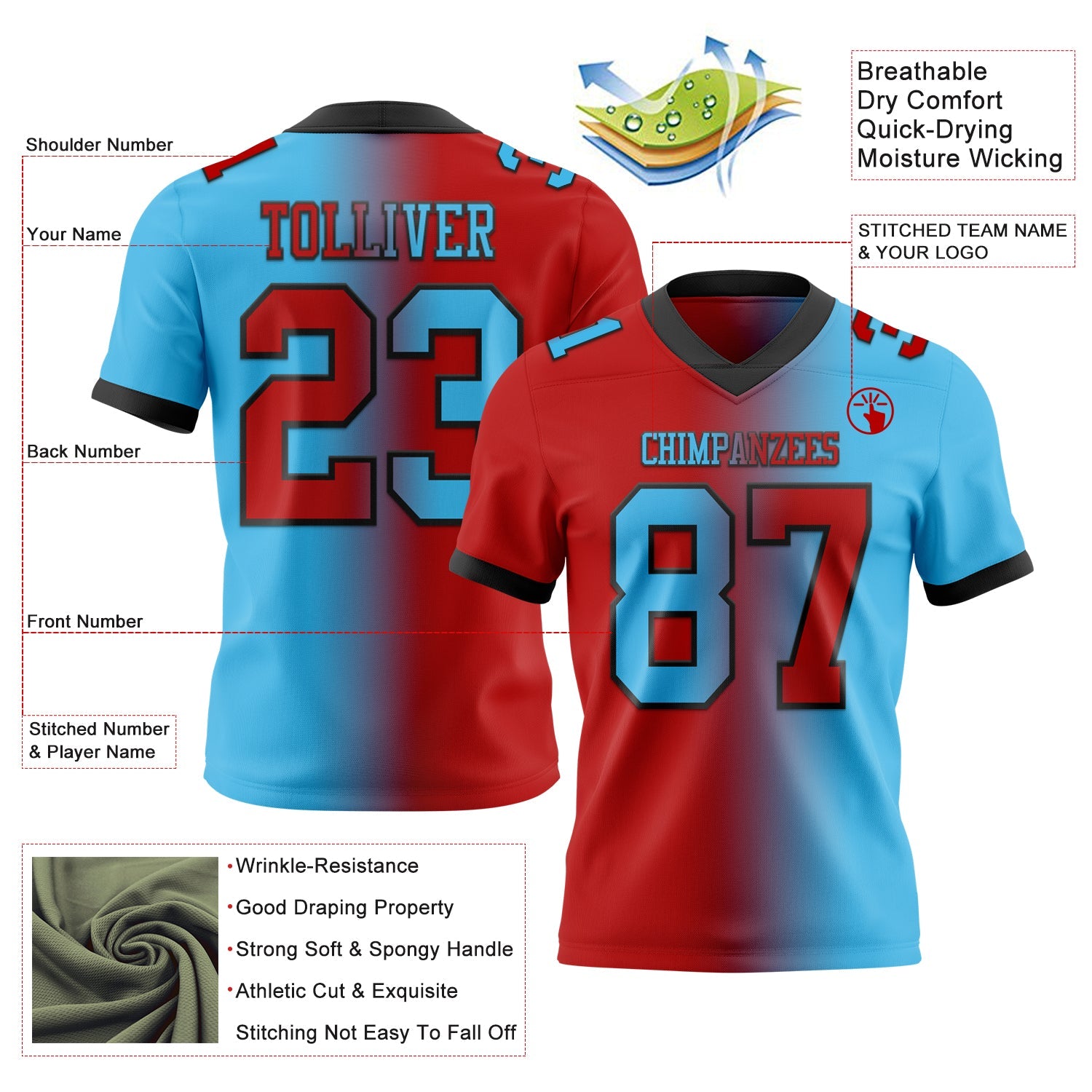 Custom Sky Blue Red-Black Mesh Authentic Gradient Fashion Football Jersey - Sky-Custom