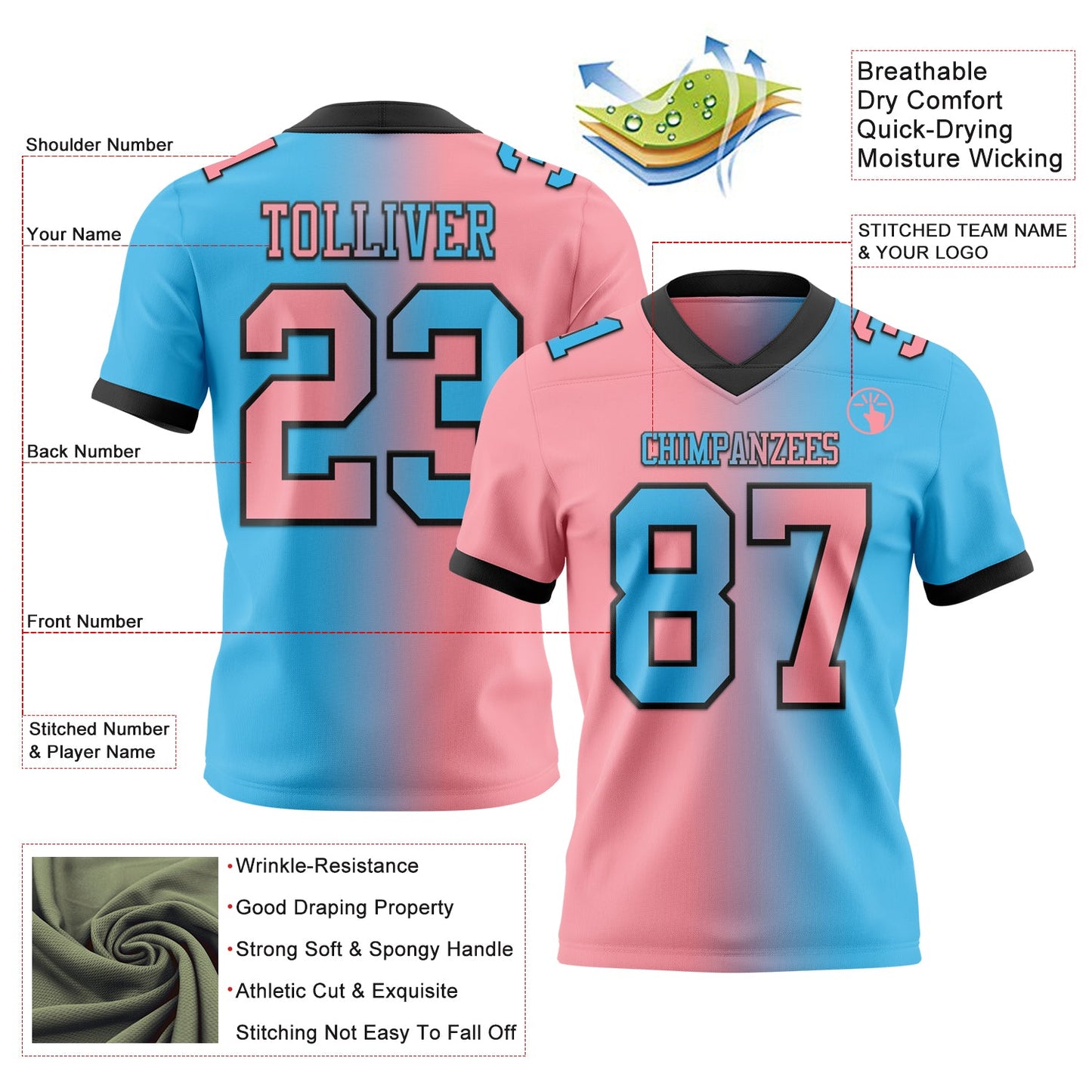 Custom Sky Blue Medium Pink-Black Mesh Authentic Gradient Fashion Football Jersey - Sky-Custom
