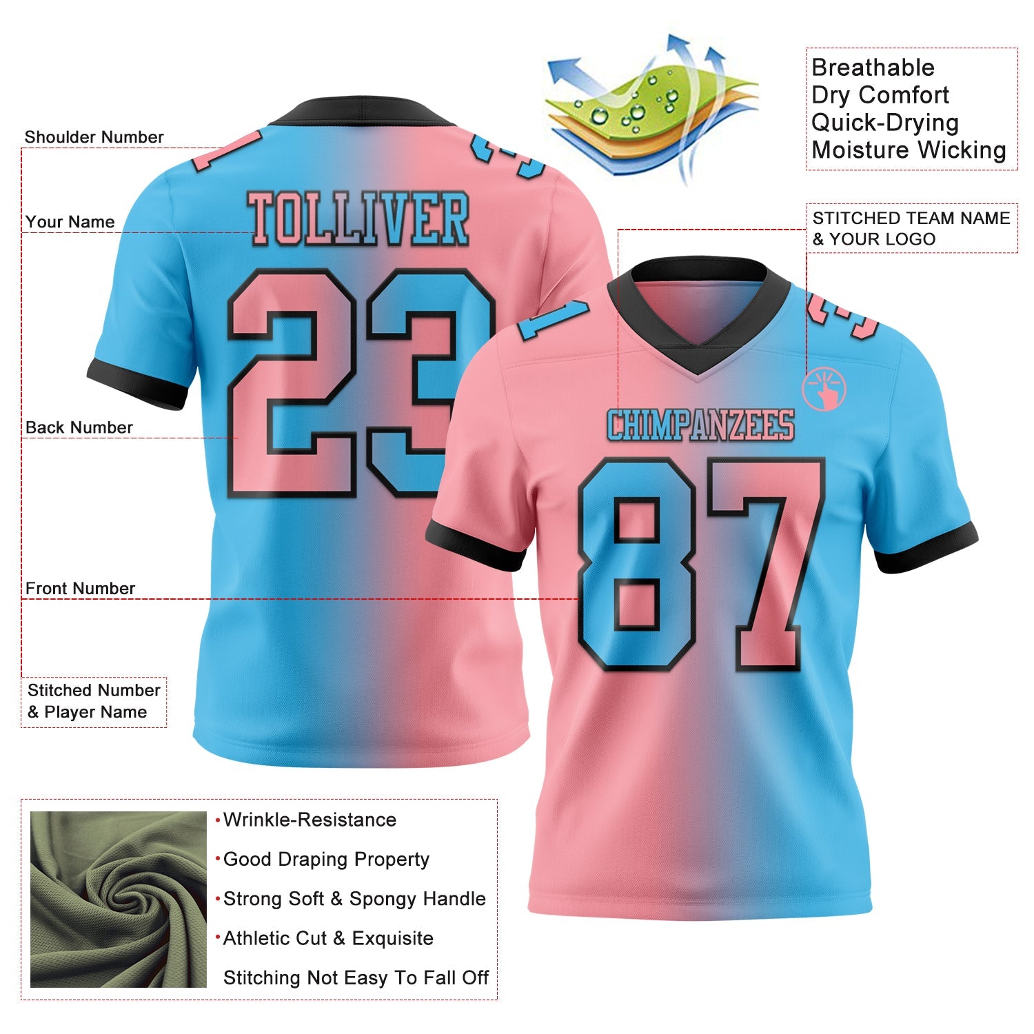 Custom Sky Blue Medium Pink-Black Mesh Authentic Gradient Fashion Football Jersey - Sky-Custom