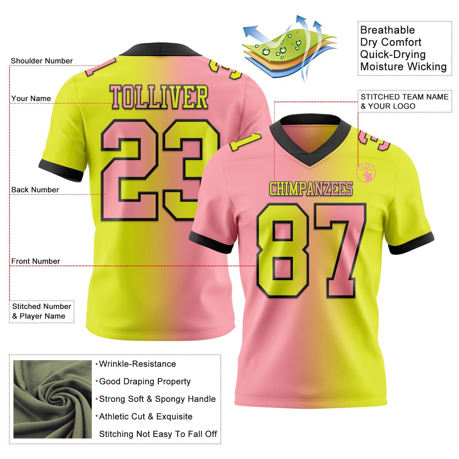 Custom Neon Yellow Medium Pink-Black Mesh Authentic Gradient Fashion Football Jersey - Sky-Custom