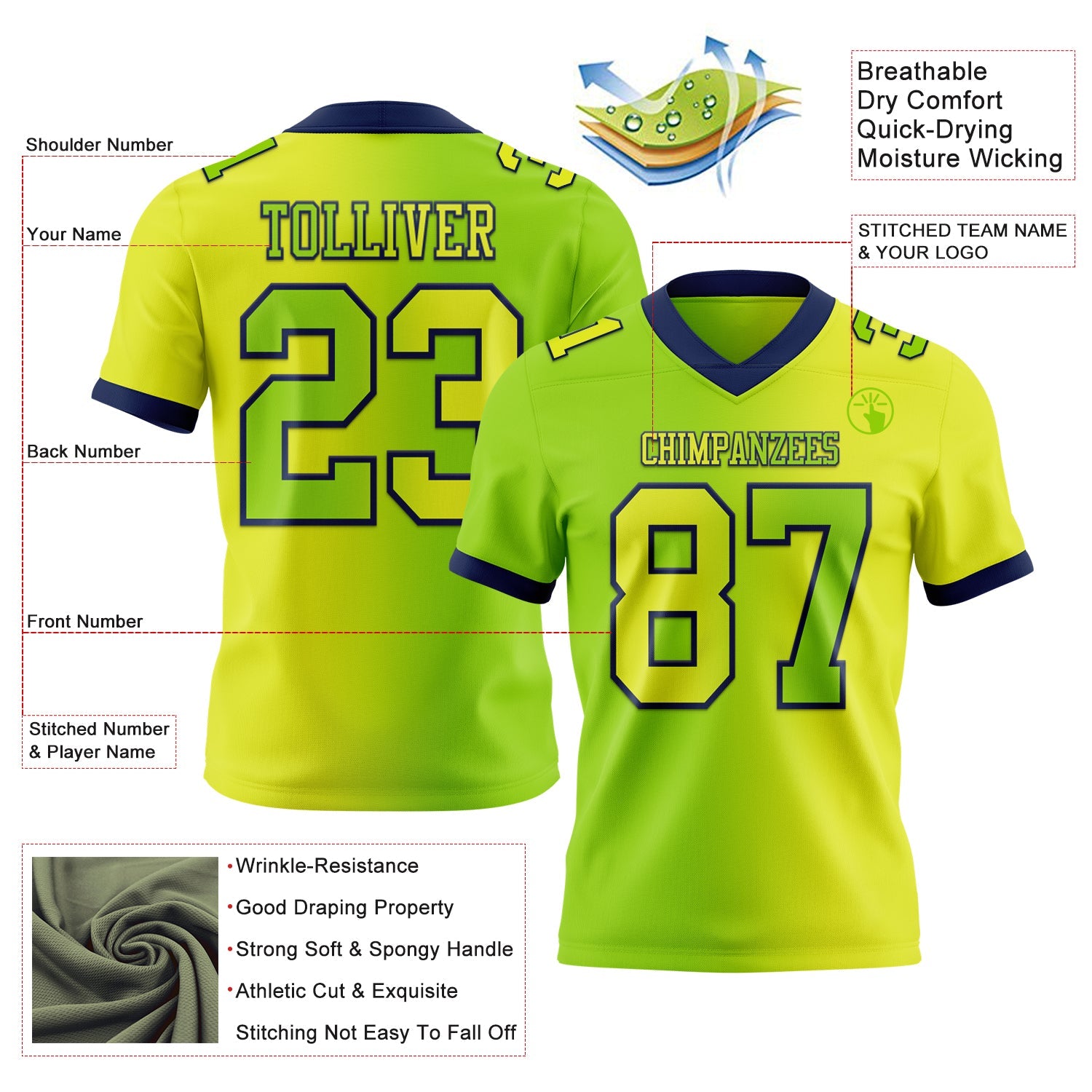 Custom Neon Yellow Neon Green-Navy Mesh Authentic Gradient Fashion Football Jersey - Sky-Custom
