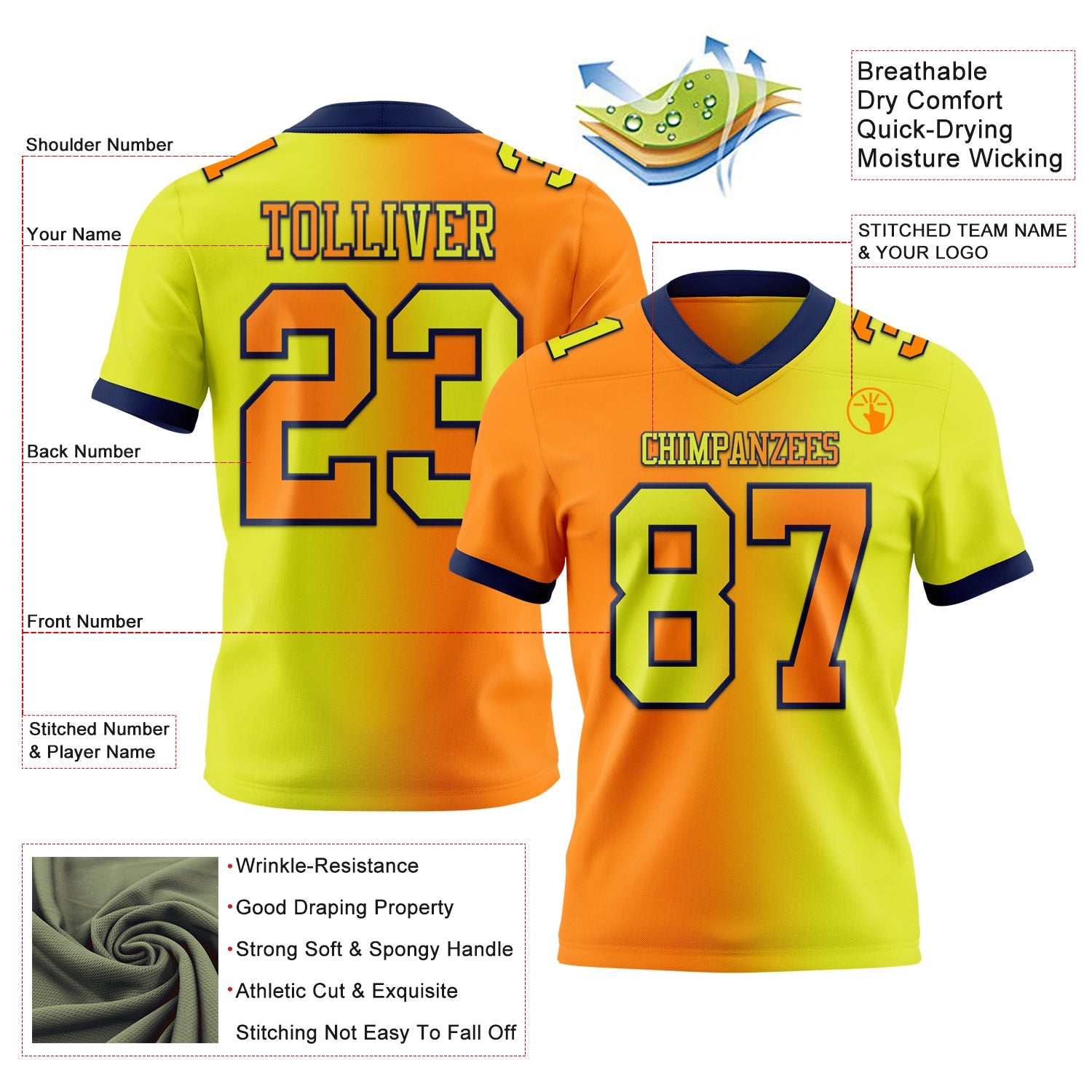 Custom Neon Yellow Bay Orange-Navy Mesh Authentic Gradient Fashion Football Jersey - Sky-Custom