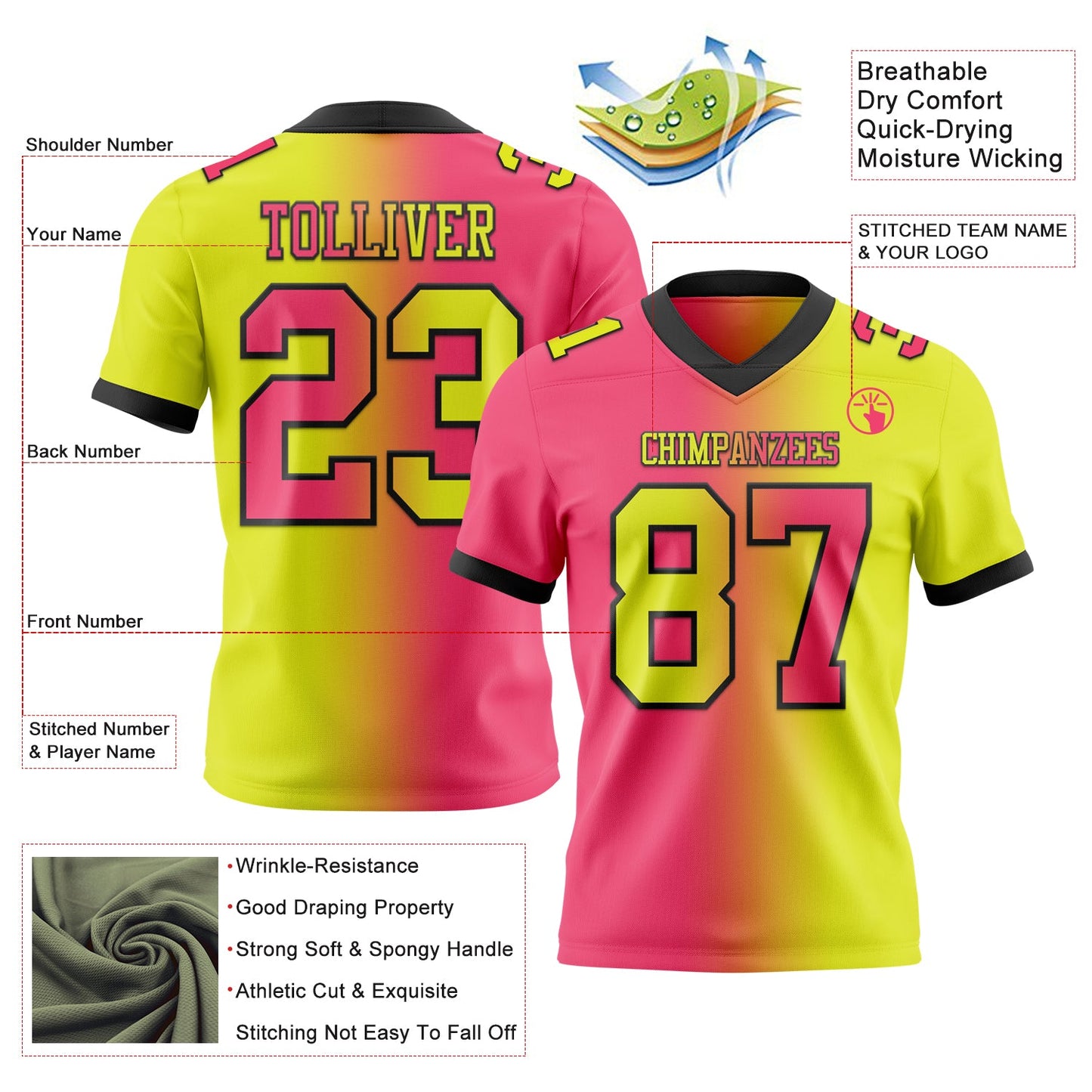 Custom Neon Yellow Neon Pink-Black Mesh Authentic Gradient Fashion Football Jersey - Sky-Custom