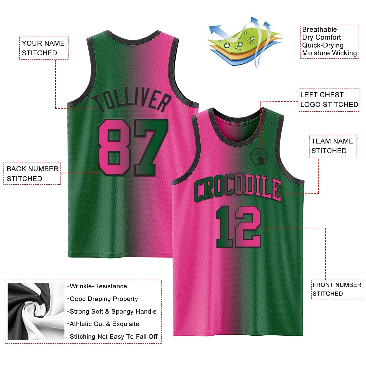 Custom Kelly Green Pink-Black Authentic Gradient Fashion Basketball Jersey - Sky-Custom