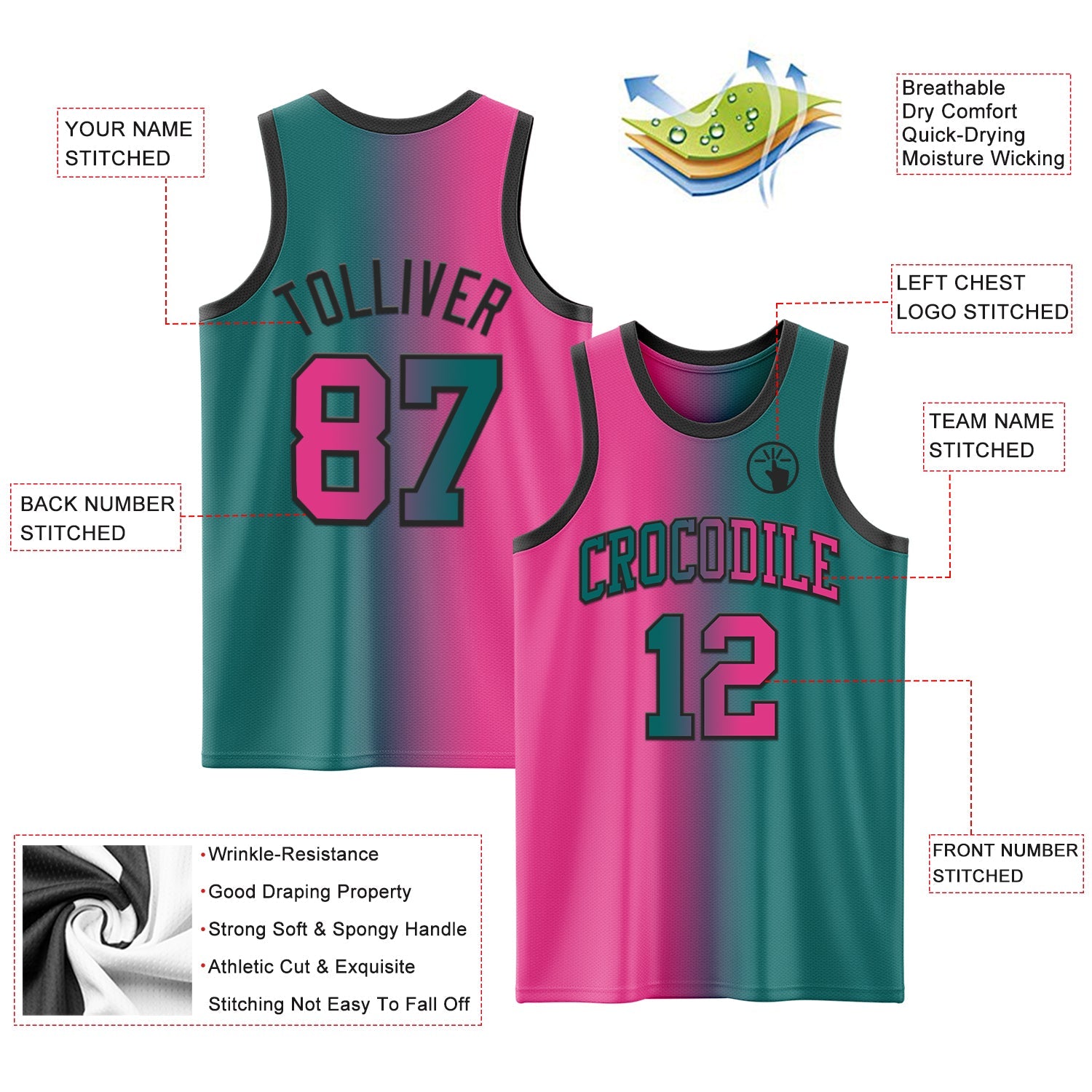 Custom Teal Pink-Black Authentic Gradient Fashion Basketball Jersey - Sky-Custom