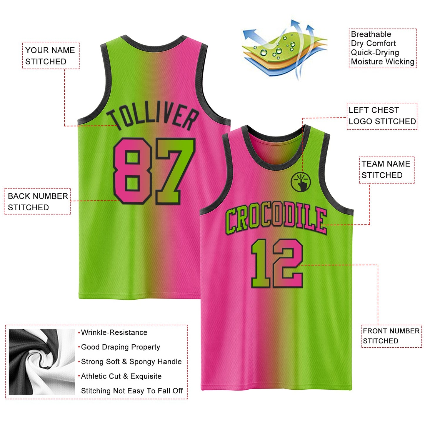 Custom Neon Green Pink-Black Authentic Gradient Fashion Basketball Jersey - Sky-Custom