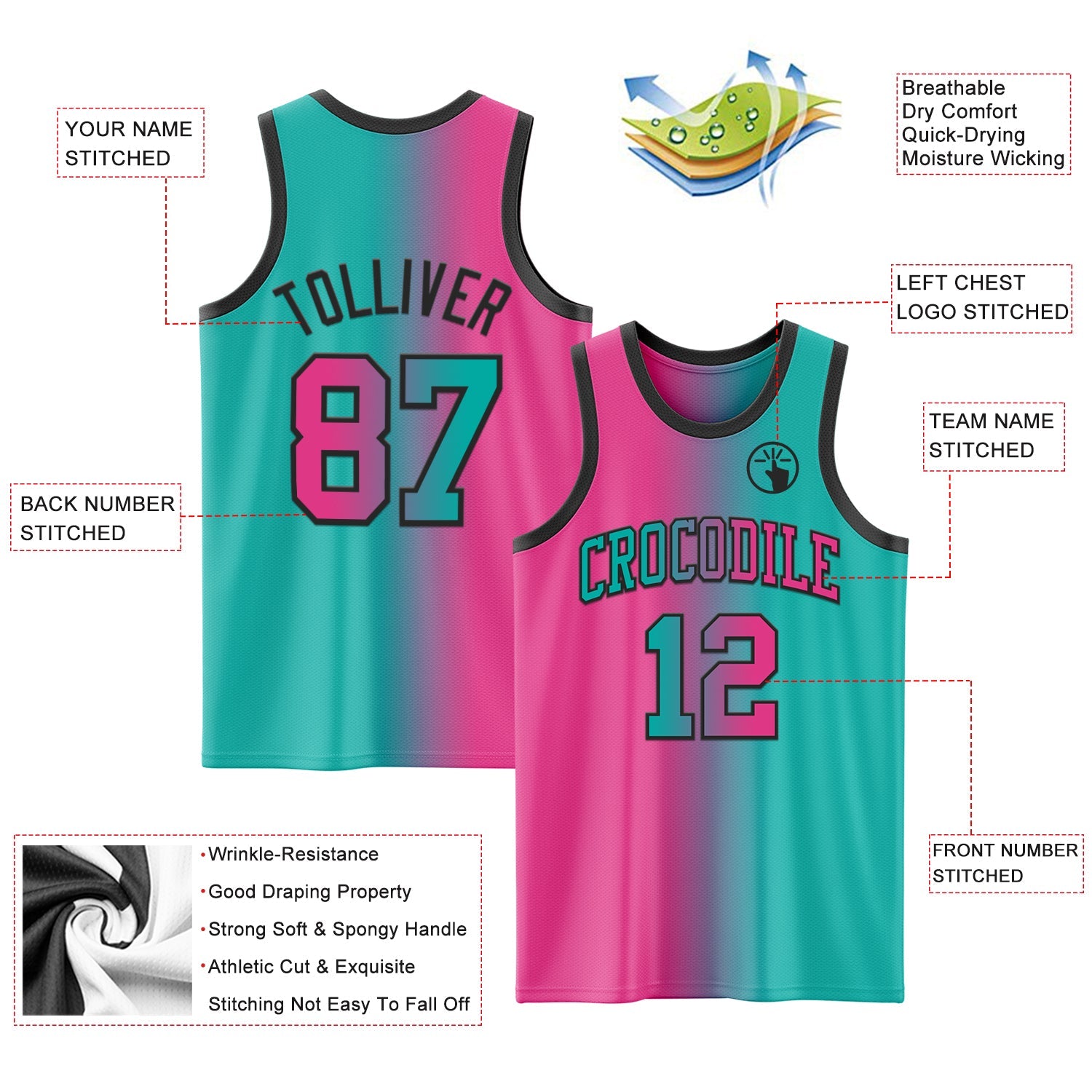 Custom Aqua Pink-Black Authentic Gradient Fashion Basketball Jersey - Sky-Custom