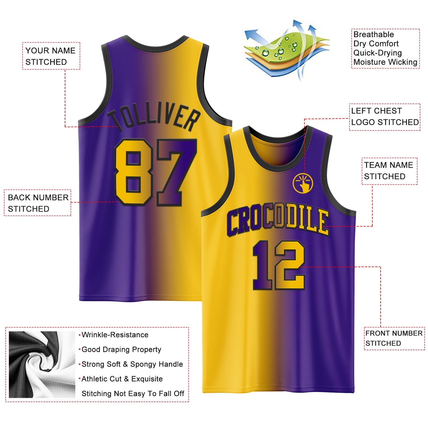 Custom Purple Yellow-Black Authentic Gradient Fashion Basketball Jersey - Sky-Custom