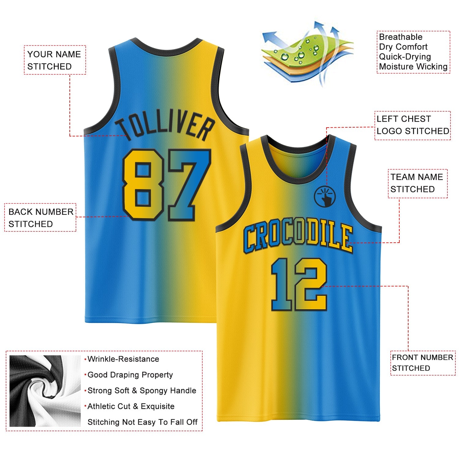 Custom Powder Blue Yellow-Black Authentic Gradient Fashion Basketball Jersey - Sky-Custom