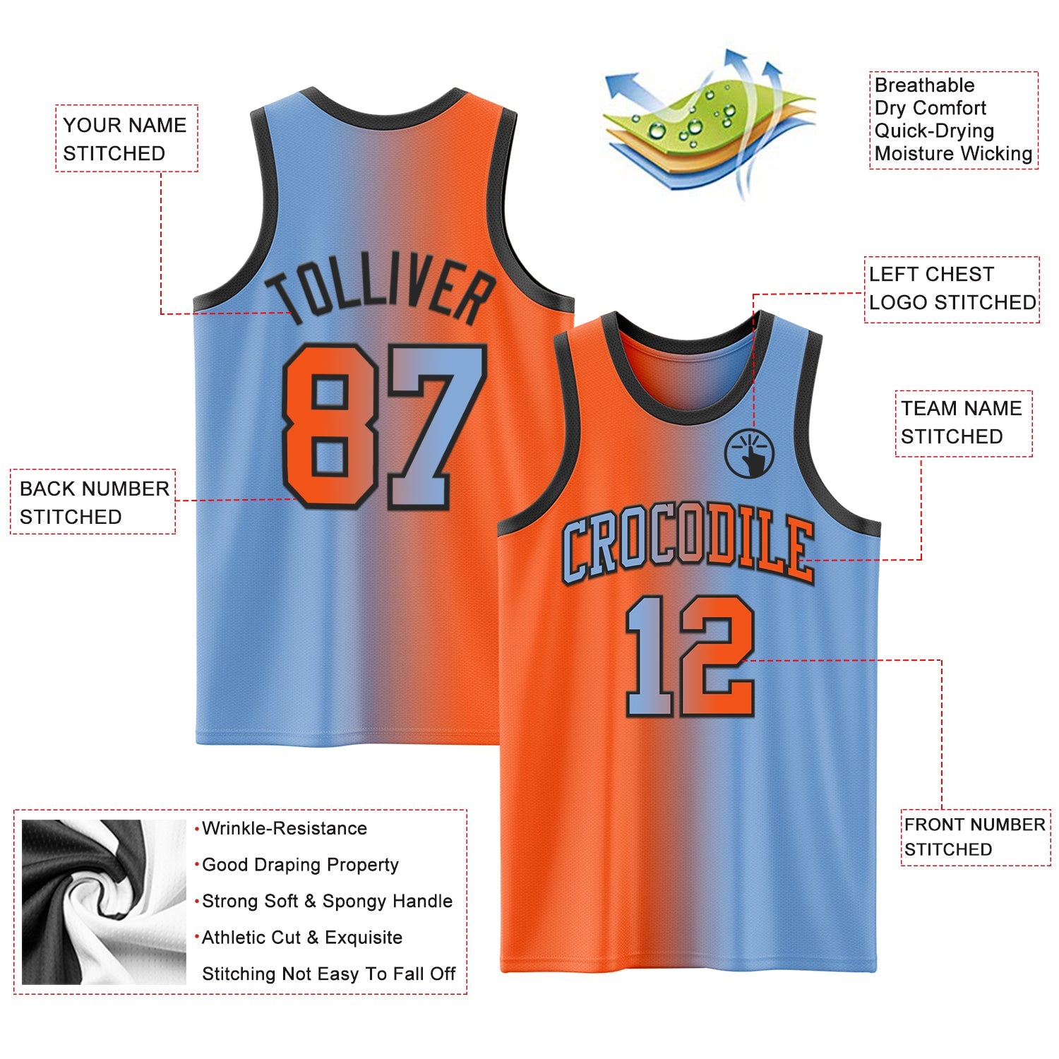 Custom Light Blue Orange-Black Authentic Gradient Fashion Basketball Jersey - Sky-Custom