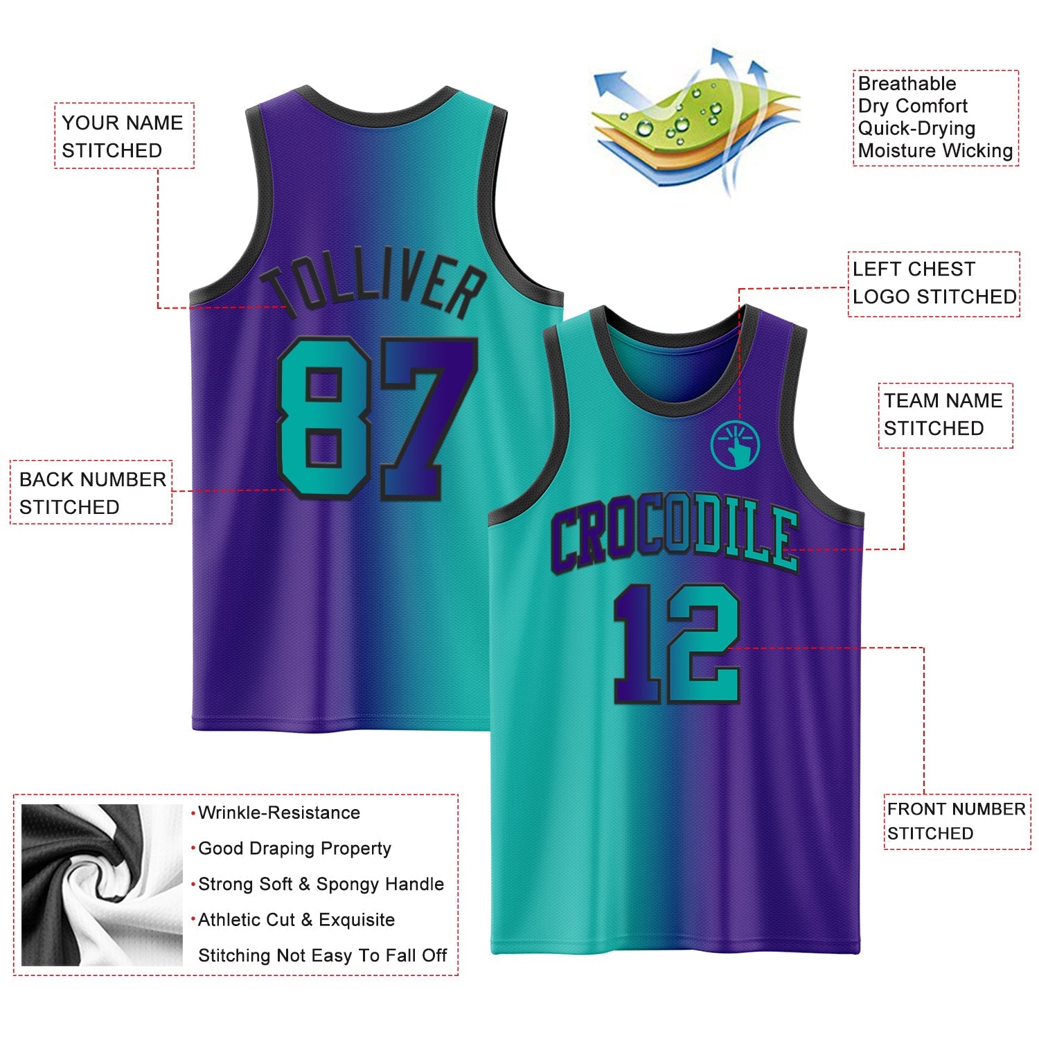 Custom Purple Aqua-Black Authentic Gradient Fashion Basketball Jersey - Sky-Custom