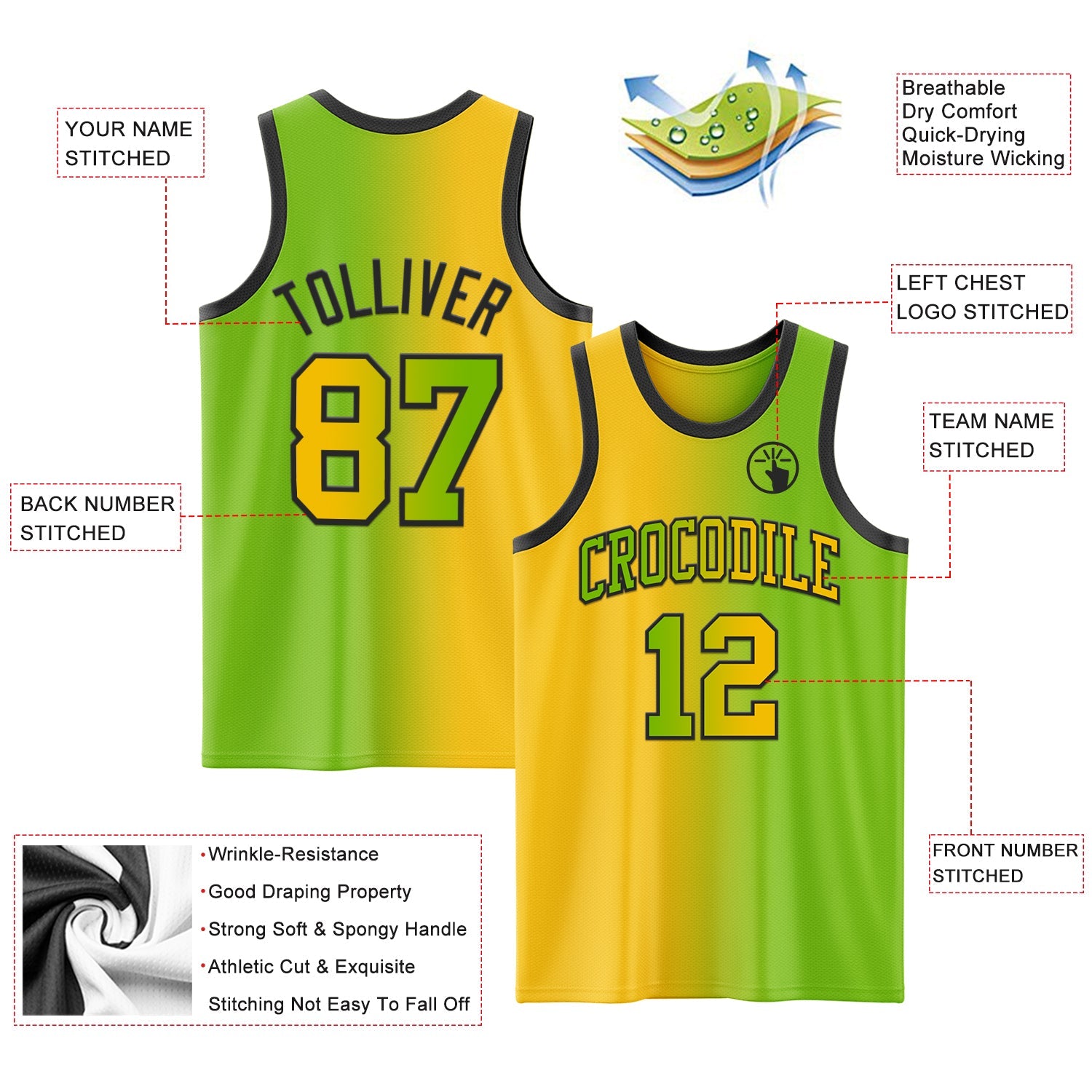 Custom Neon Green Yellow-Black Authentic Gradient Fashion Basketball Jersey - Sky-Custom