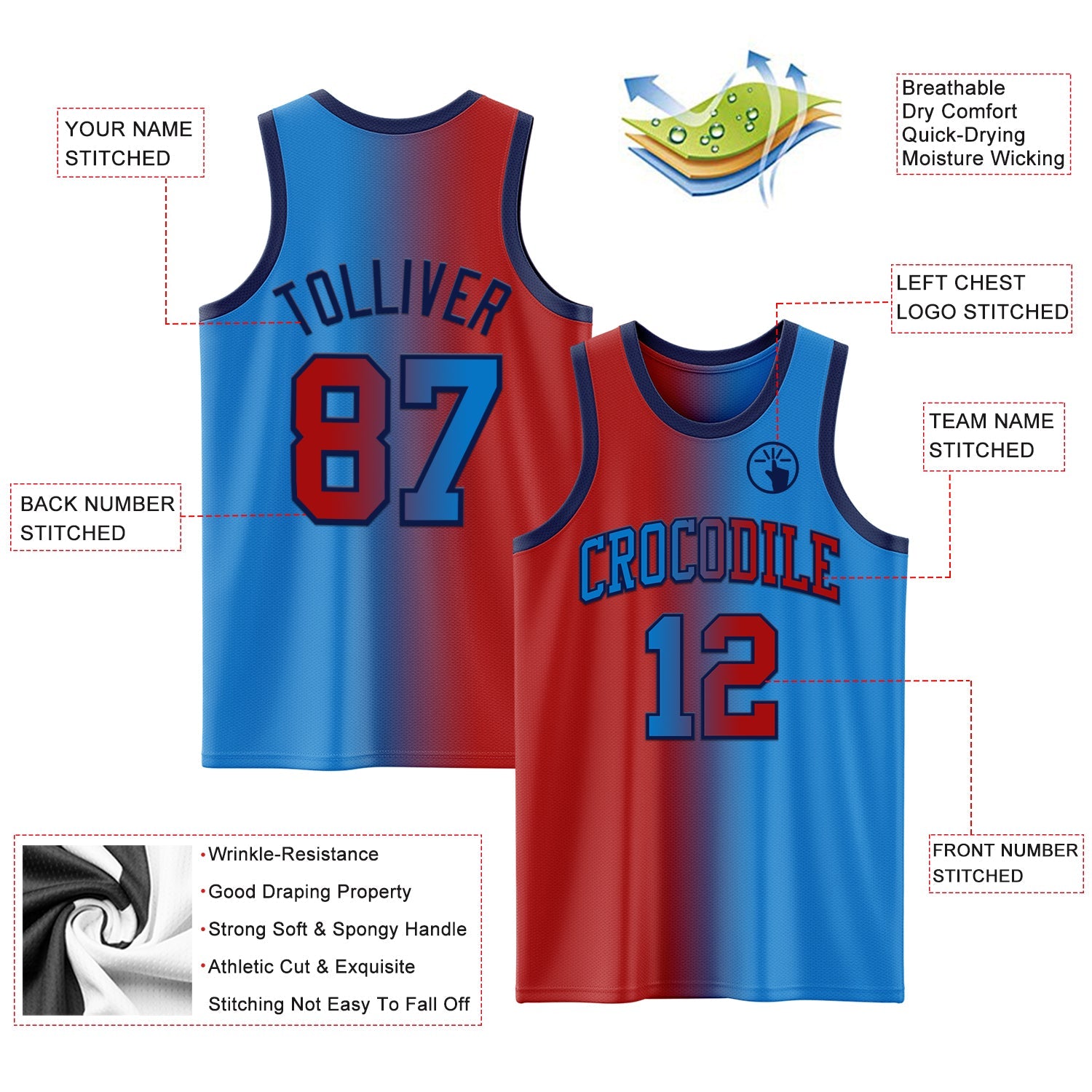 Custom Powder Blue Red-Navy Authentic Gradient Fashion Basketball Jersey - Sky-Custom