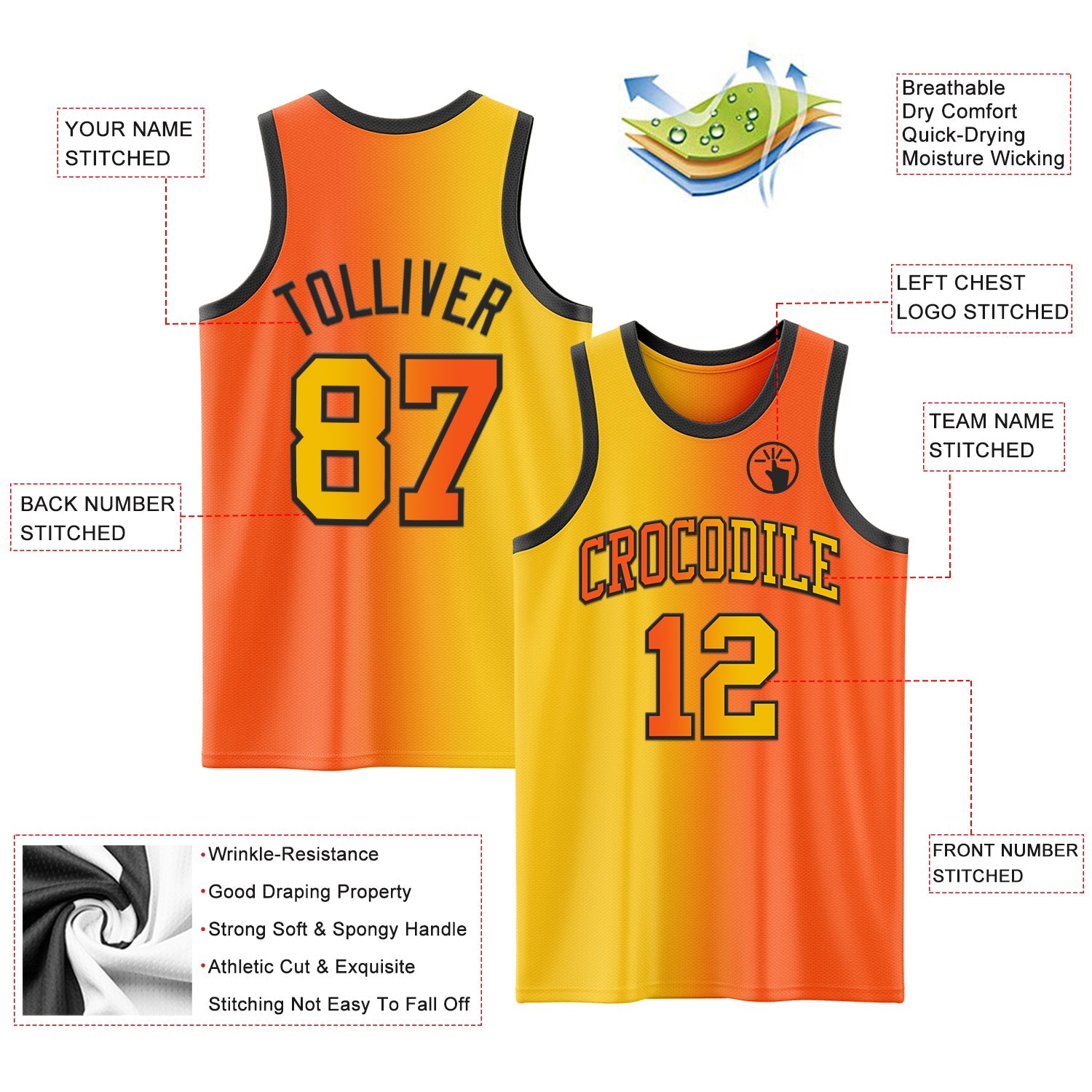Custom Orange Yellow-Black Authentic Gradient Fashion Basketball Jersey - Sky-Custom