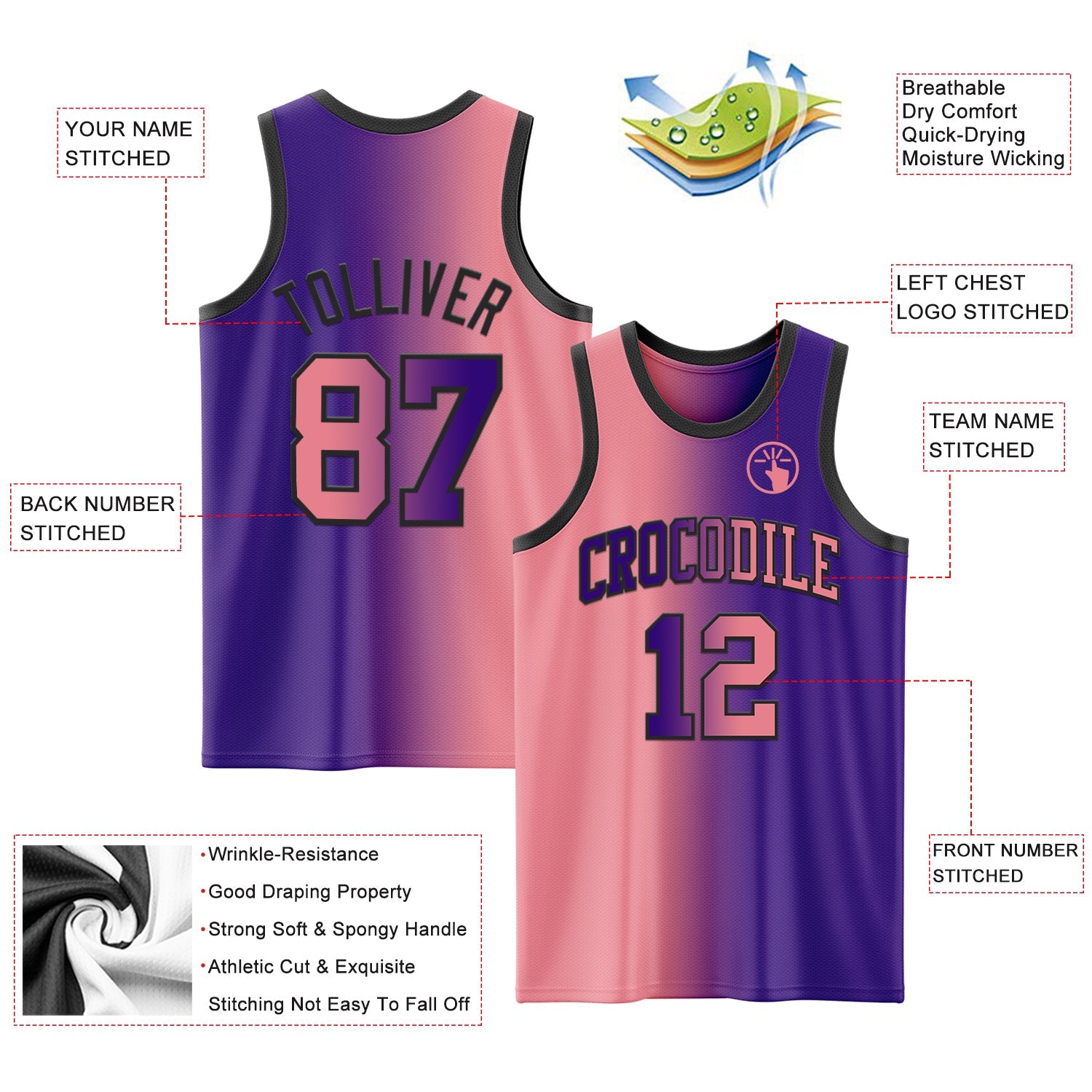 Custom Purple Medium Pink-Black Authentic Gradient Fashion Basketball Jersey - Sky-Custom